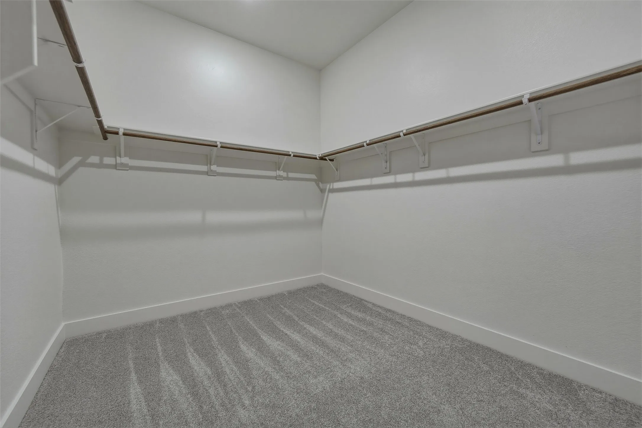 Neutral-toned carpeting with a subtle pattern, white walls, and built-in shelving and hanging rods