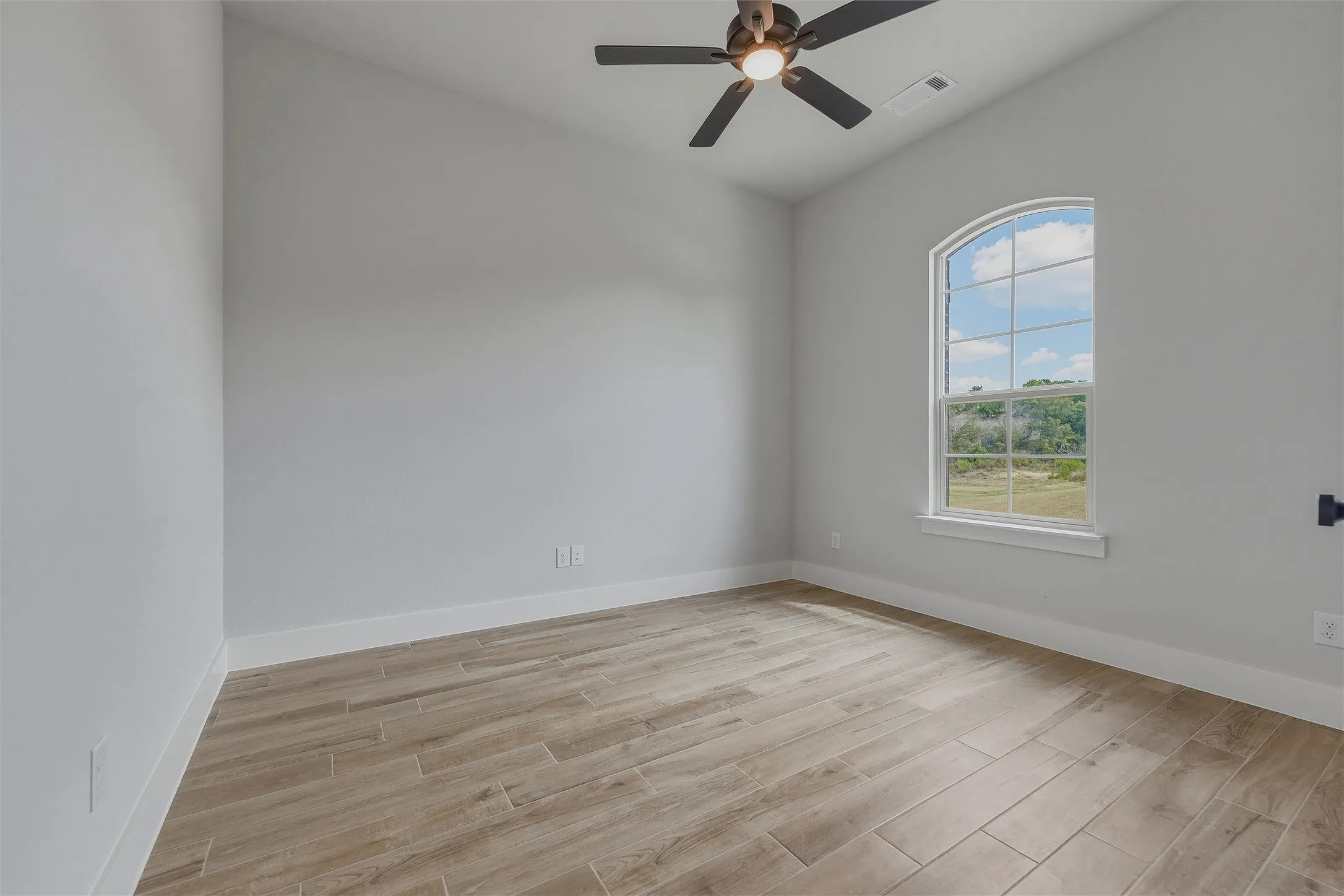 Arched window, wood-finish flooring, ceiling fan, neutral wall tones