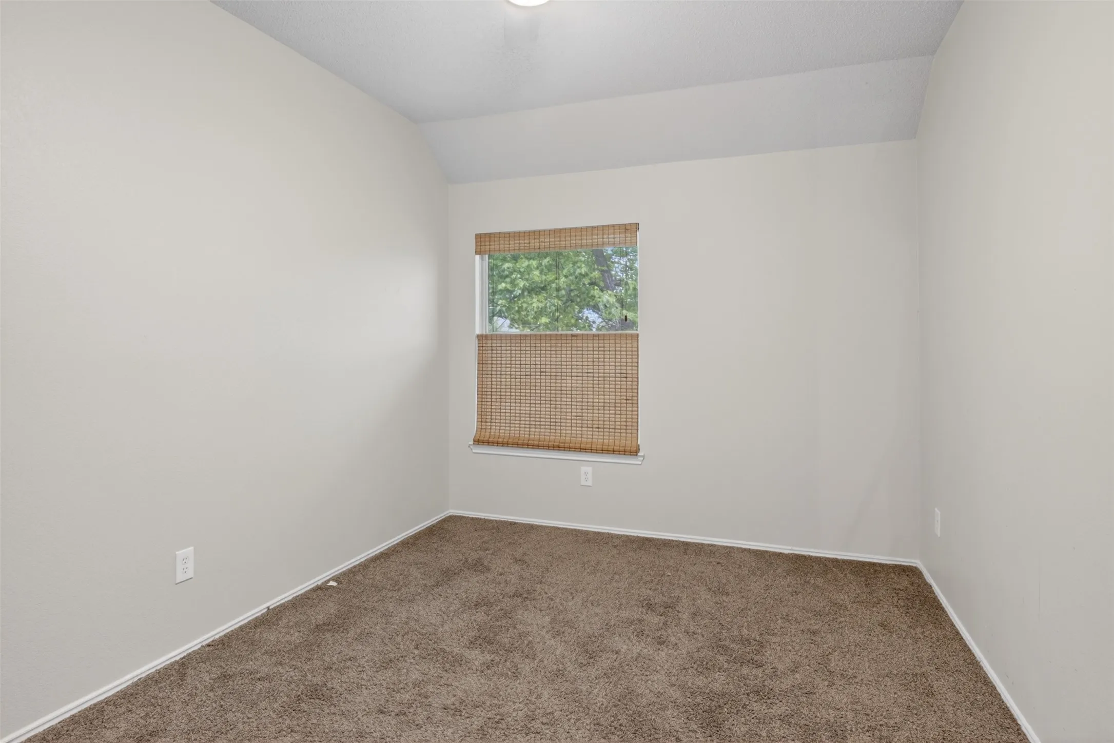 Bright room with neutral wall paint and carpeting, featuring a window with a woven wood shade