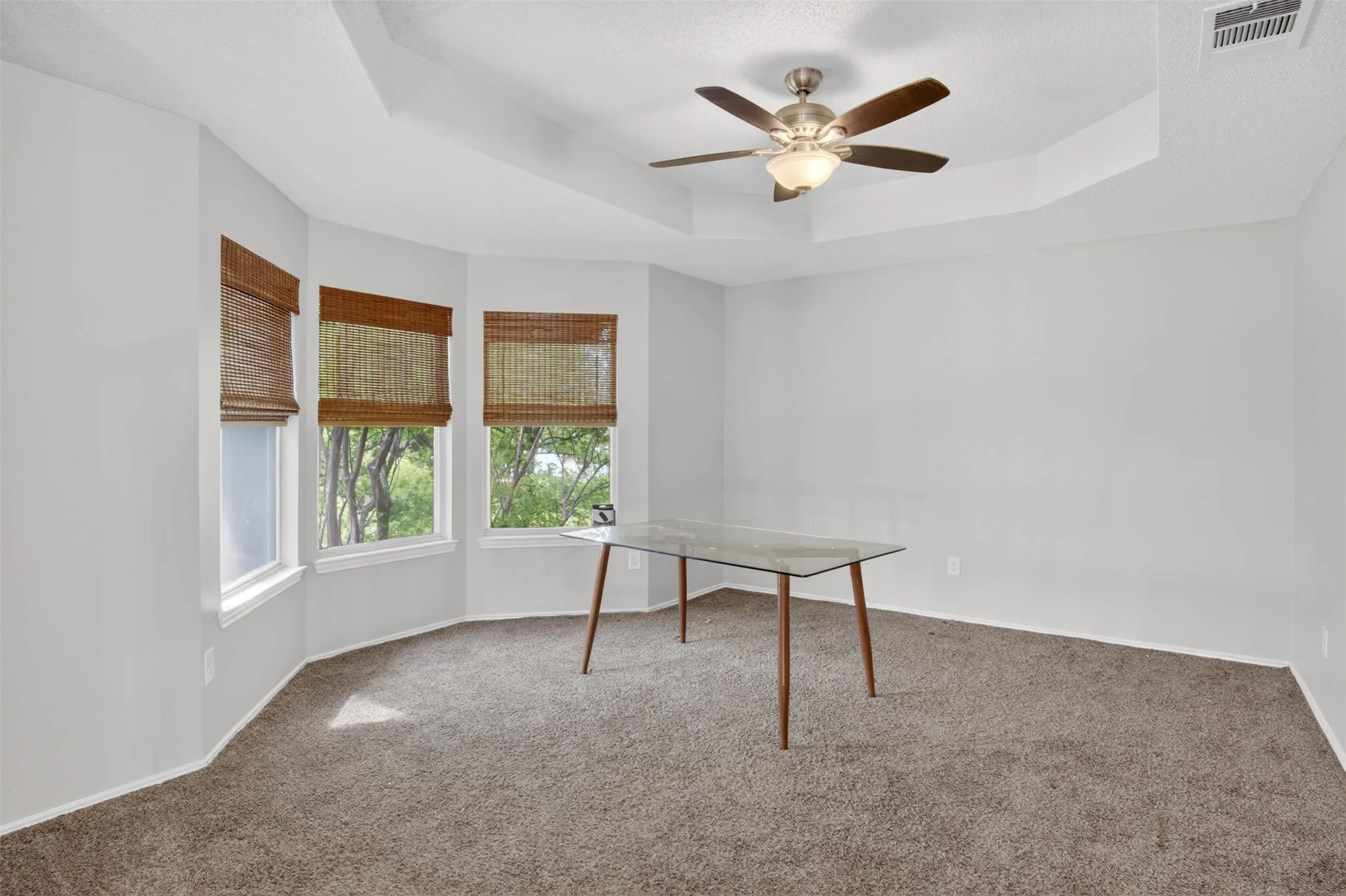 This room features a tray ceiling with a ceiling fan, carpeted flooring, and a bay window area with three windows