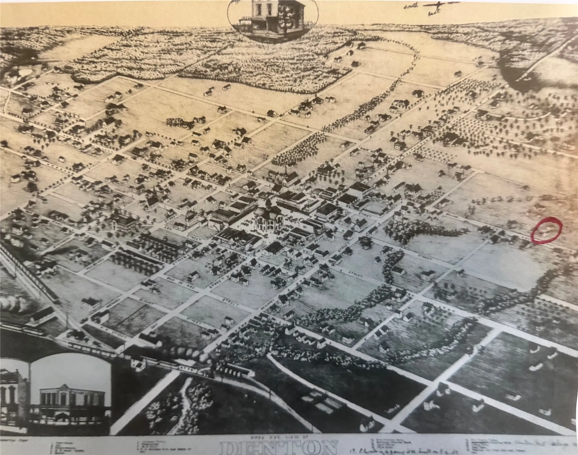 VINTAGE DENTON AERIAL PHOTO ...RED CIRCLE REPRESENTS WHERE HOME IS LOCATED IN THAT ERA IN RELATION TO TOWN....
