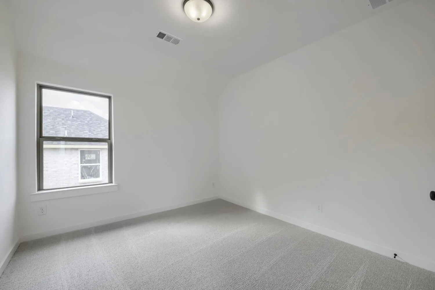 Room featuring light gray carpet, white walls, a single window, white trim, and a ceiling-mounted light fixture