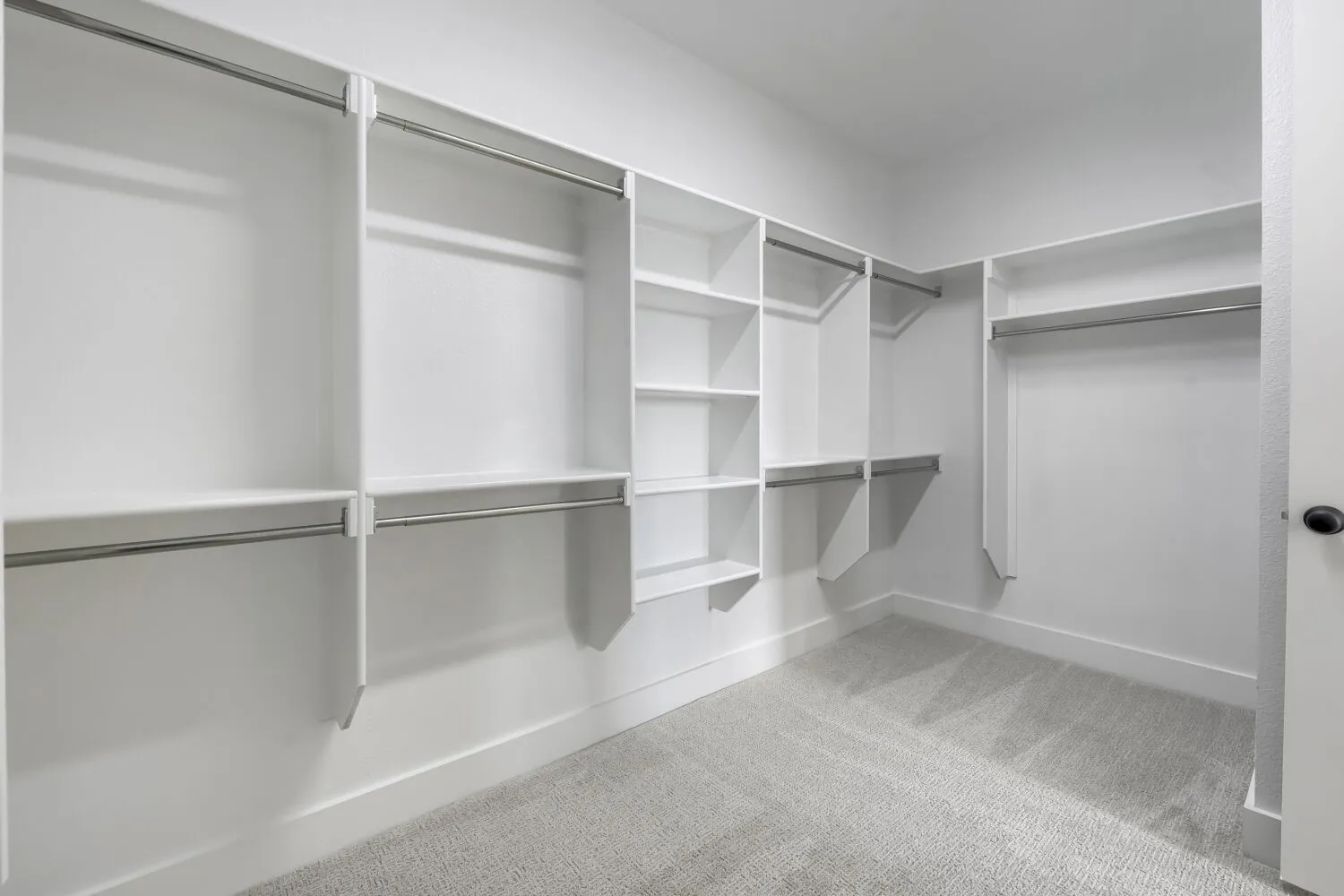 Spacious walk-in closet featuring white built-in shelving, multiple hanging rods, and light gray carpeting