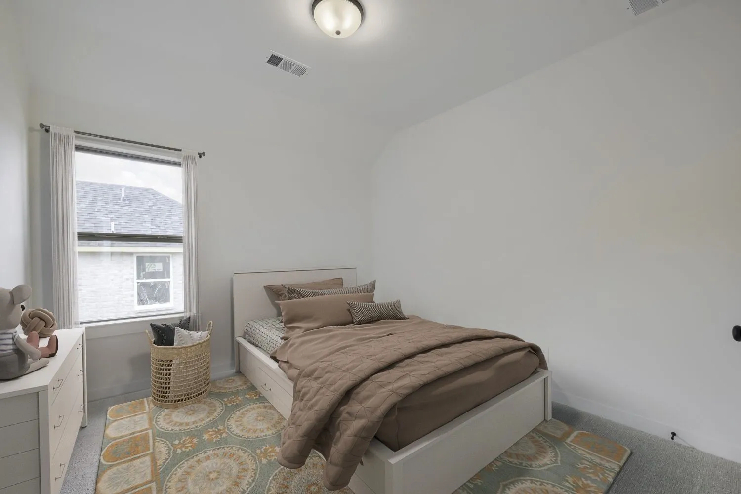 VIRTUALLY STAGED PHOTO Recessed window with roller shade, neutral wall paint, ceiling-mounted light fixture, and carpet flooring