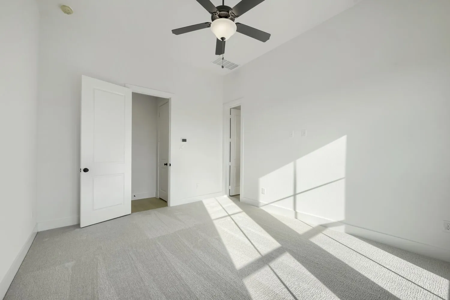 Bright interior space featuring light-colored carpeting, white paneled doors with dark hardware, and a ceiling fan with integrated lighting