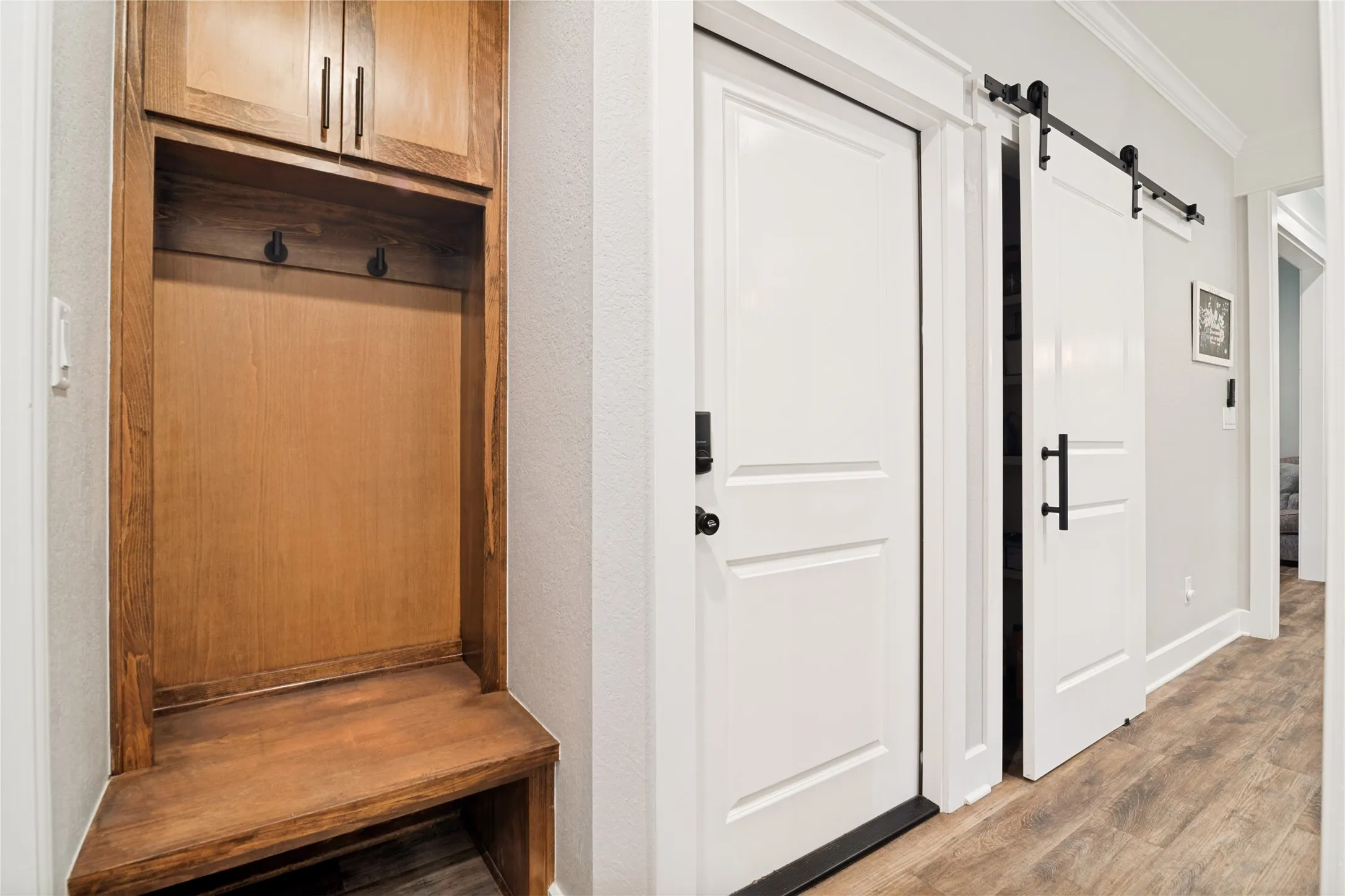 Built in mudroom. The door to the right leads to the garage.