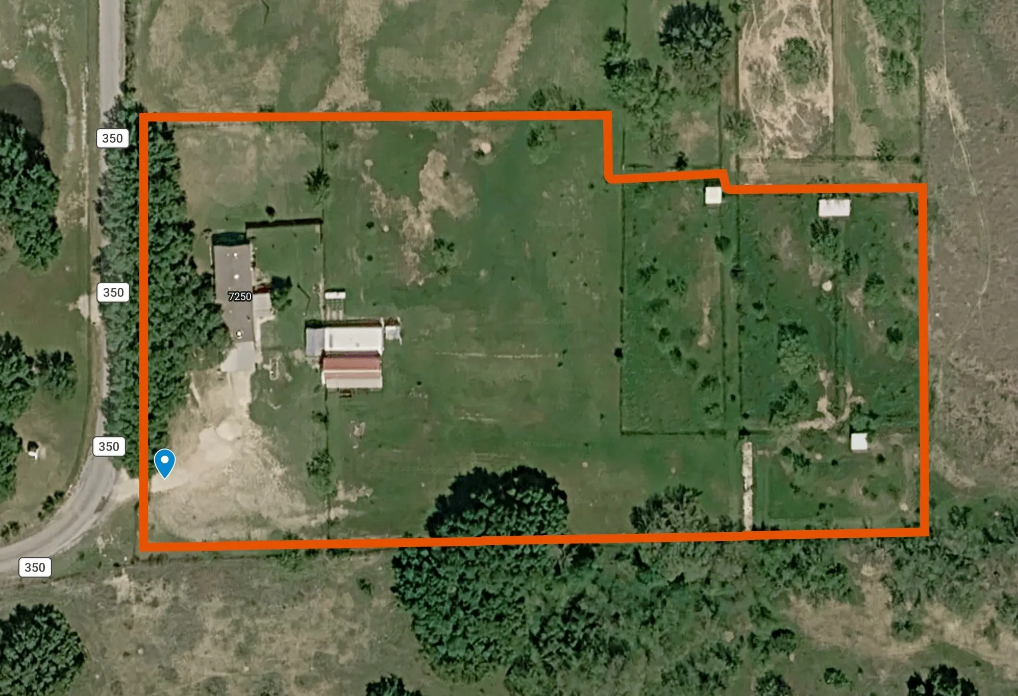 Property Boundary Map. Illustrating the defined perimeter of the property with existing structures and surrounding terrain
