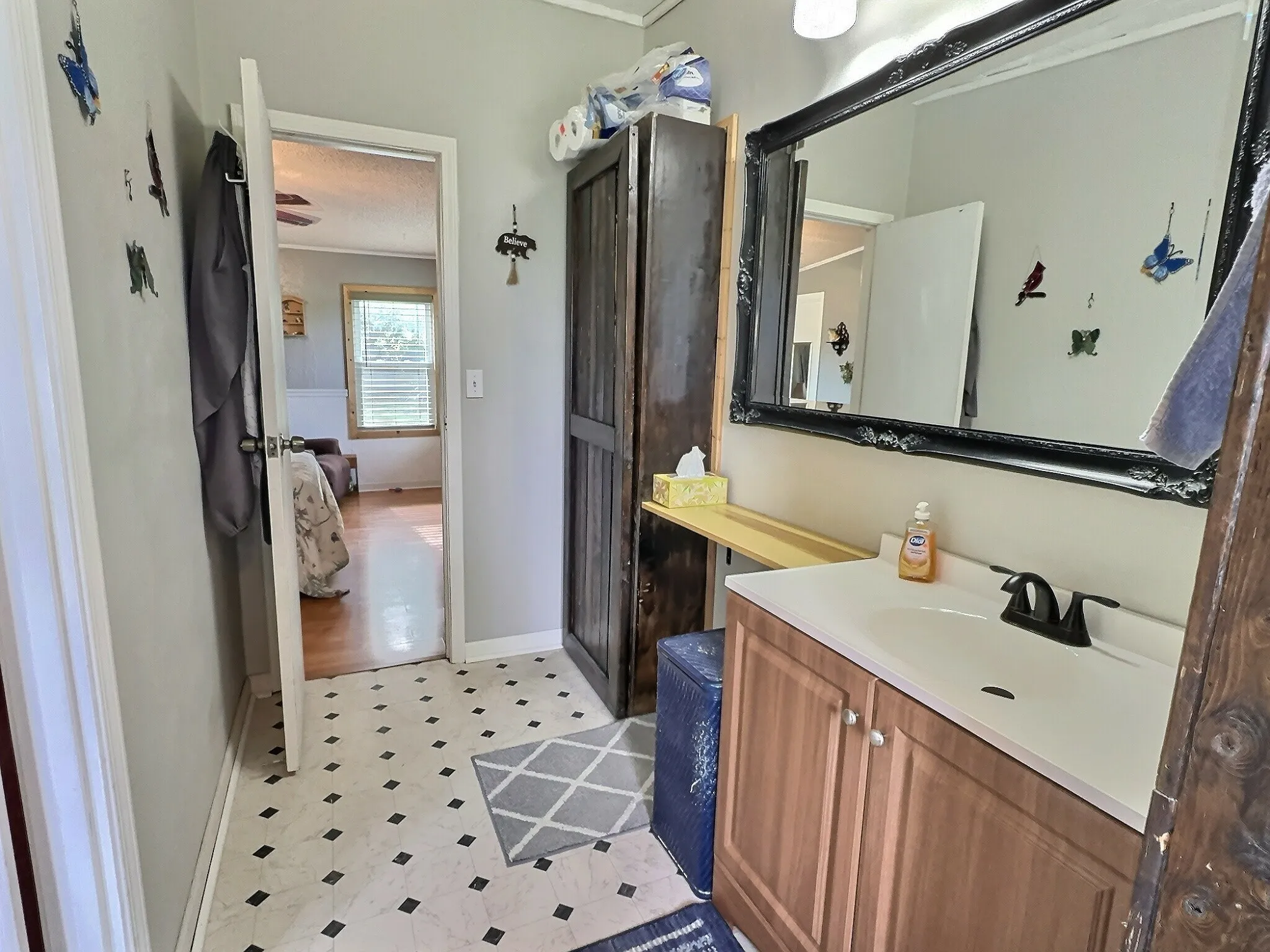 Black and white tile-patterned flooring