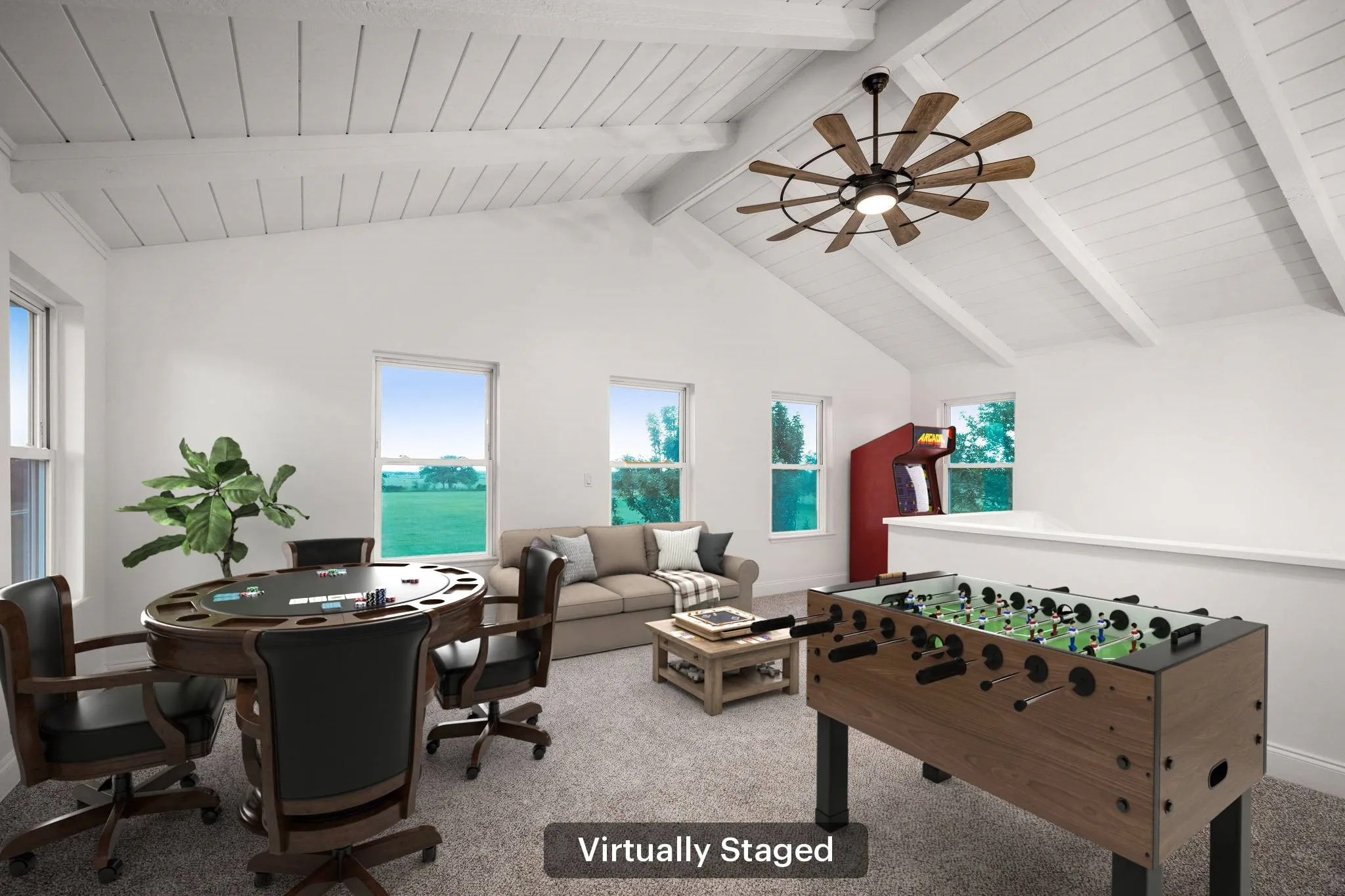 Virtually Staged, Spacious room featuring vaulted ceilings with exposed white wood beams, recessed lighting, and a multi-blade ceiling fan
