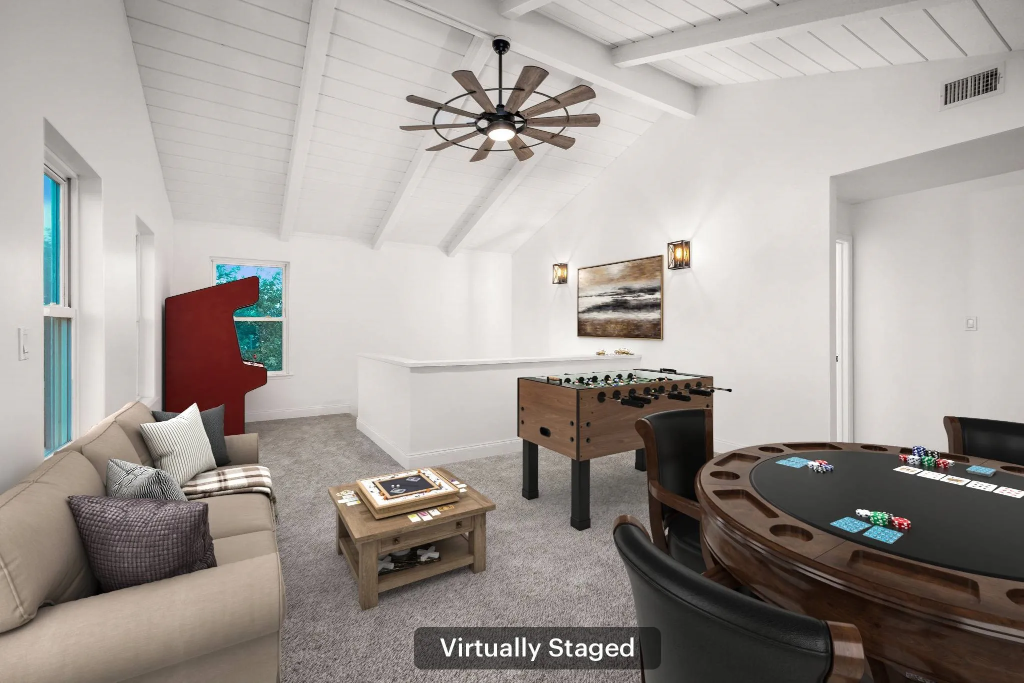 Virtually Staged, Vaulted ceiling with exposed white wood beams and a contemporary ceiling fan