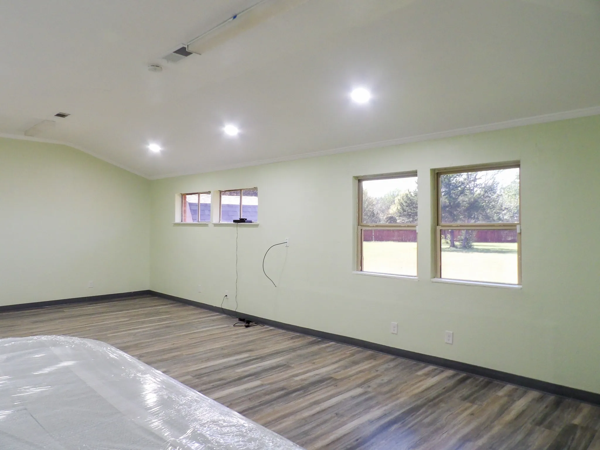 Spacious room featuring wood-finish flooring, light green walls, and white crown molding
