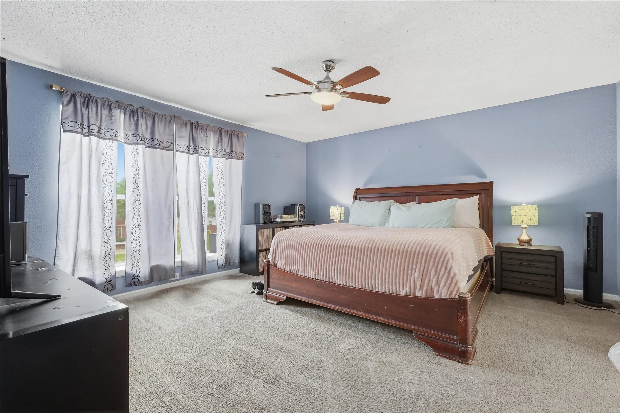 Spacious bedroom featuring light blue walls, gray carpet, a ceiling fan with light fixture, and multiple windows