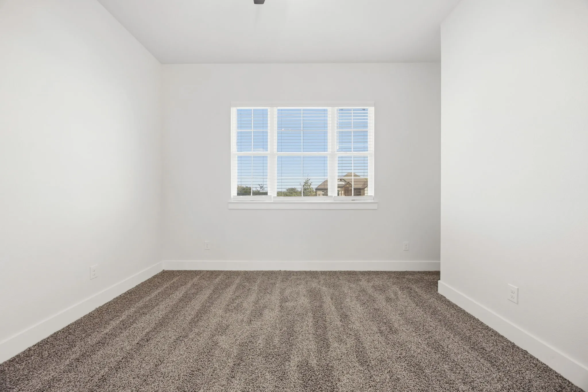 Neutral wall paint, window with horizontal blinds, broadloom carpeting, and crisp white trim