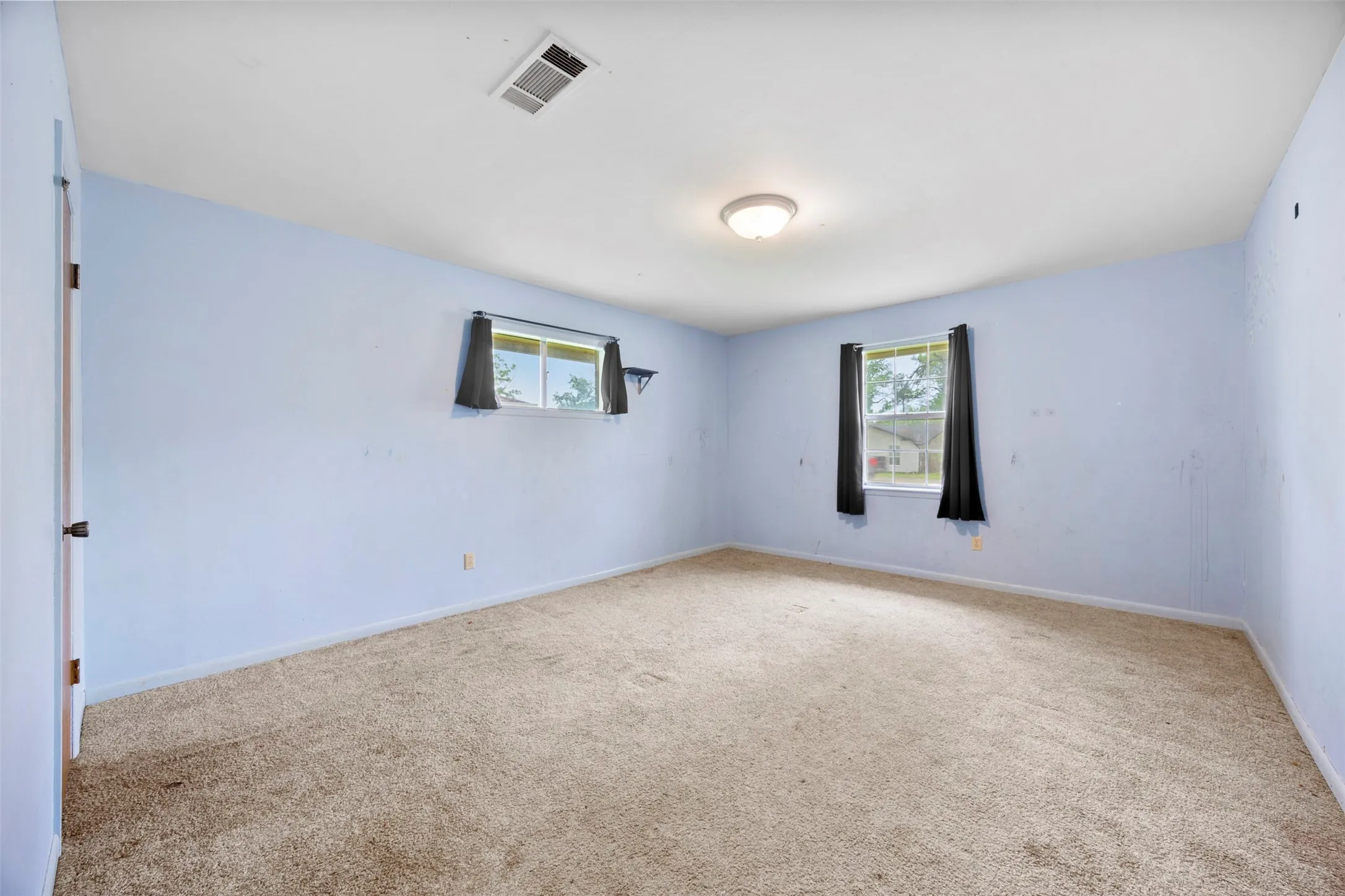 Spacious room featuring neutral carpet flooring, two windows, and a ceiling-mounted light fixture