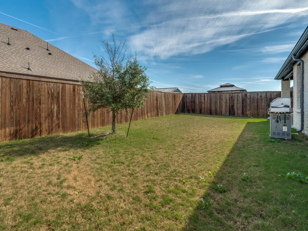 Expansive backyard featuring a partial grass lawn, full perimeter wood fencing, and a young tree