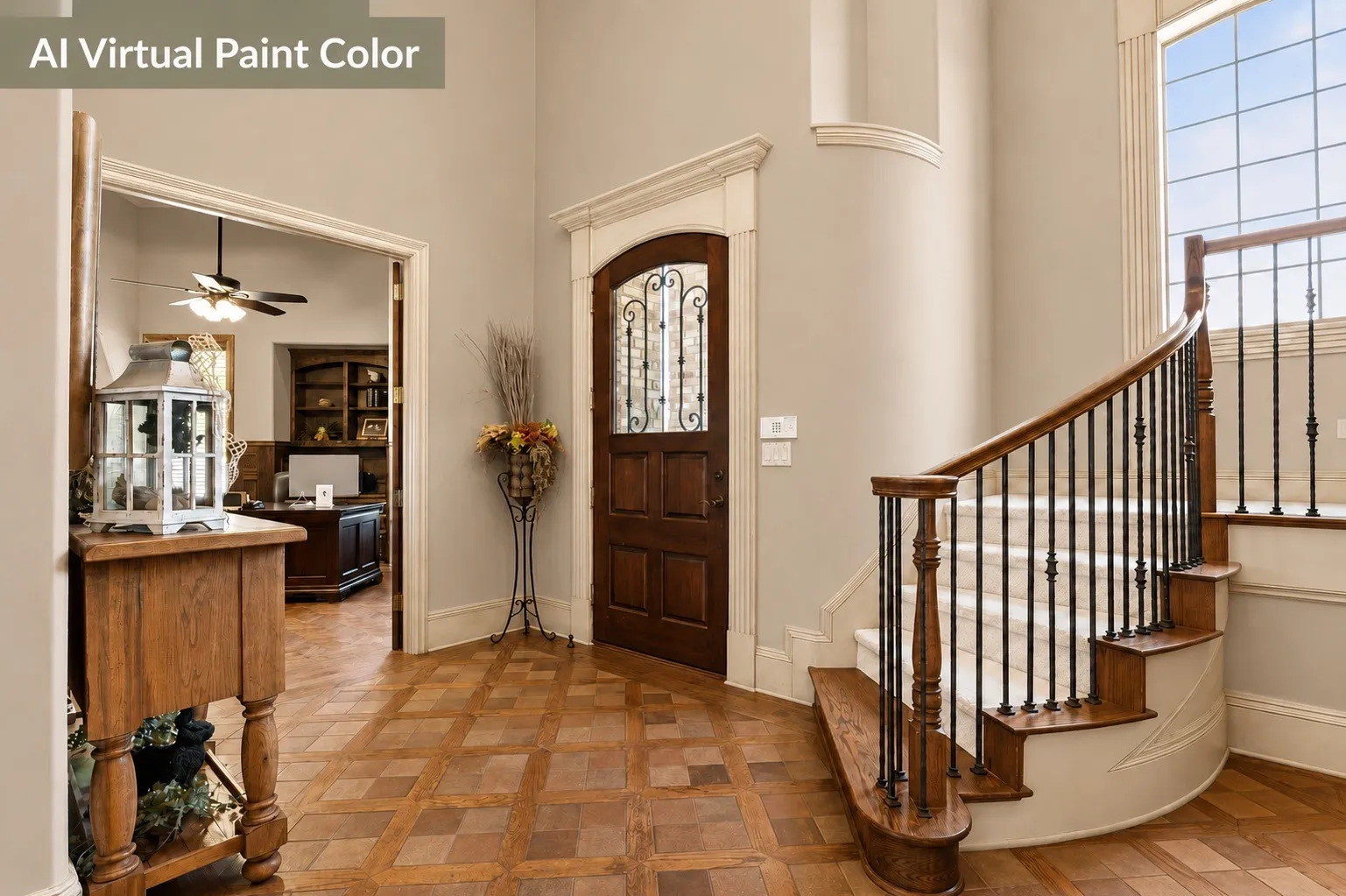 Elegant entry featuring a curved staircase with wood-finish handrail and black iron balusters