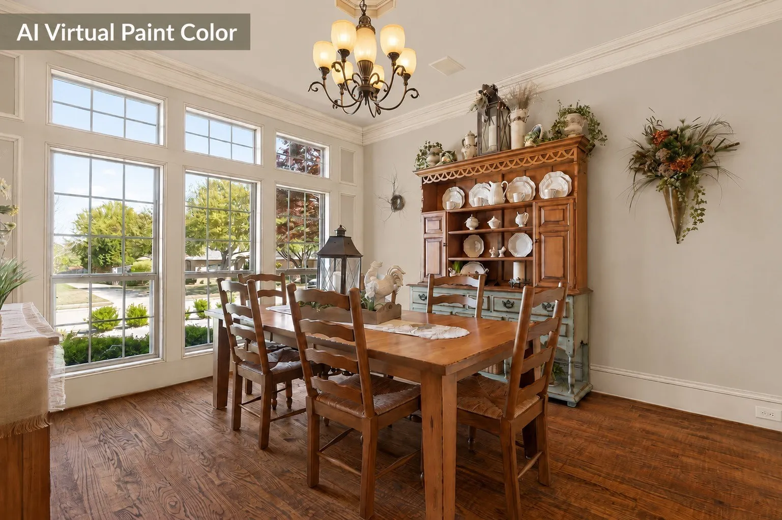 Dining area featuring extensive grid-pattern windows, wood-finish flooring, crown molding, and a chandelier lighting fixture