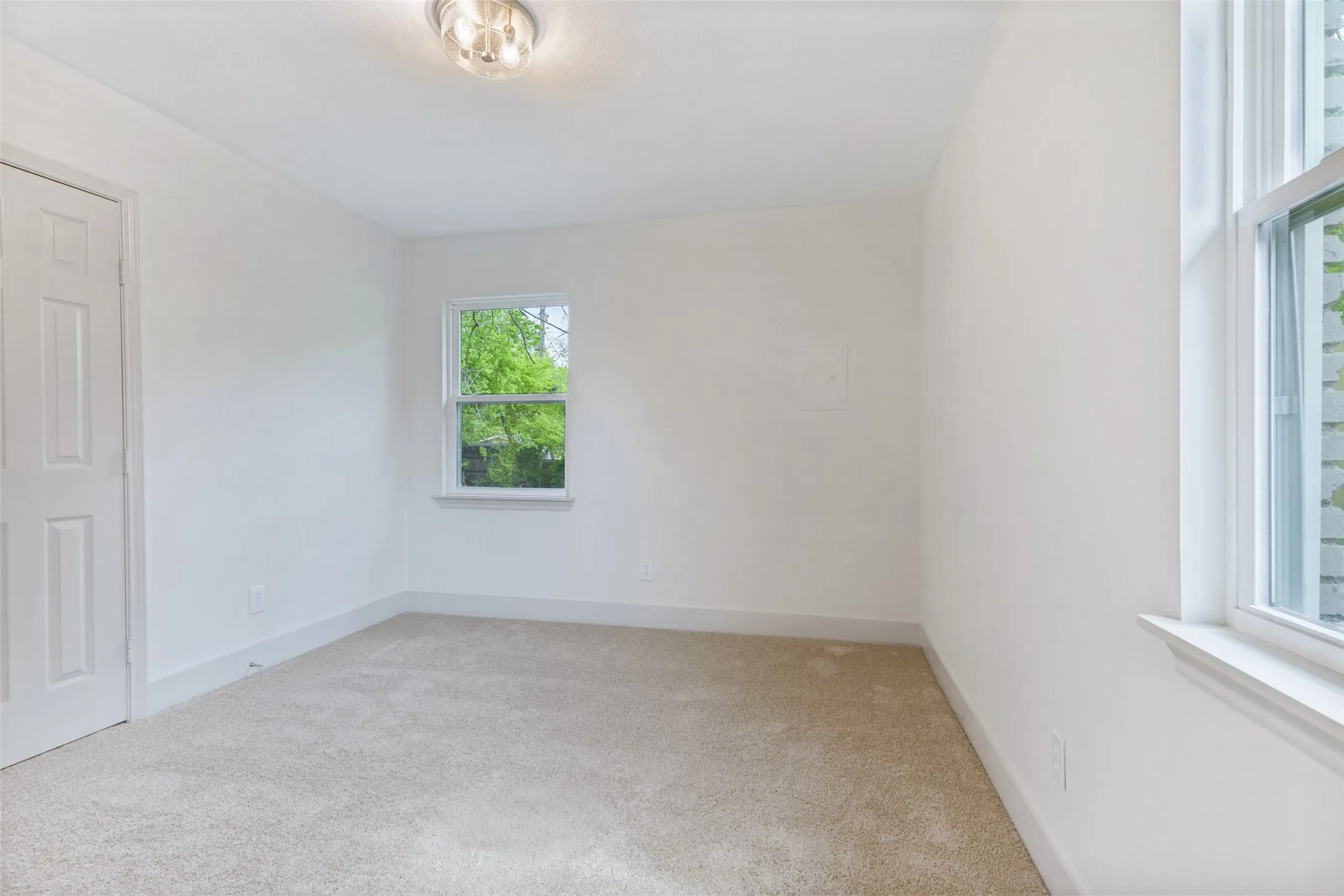 Carpeted room featuring two windows, a paneled door, and a flush mount ceiling light fixture