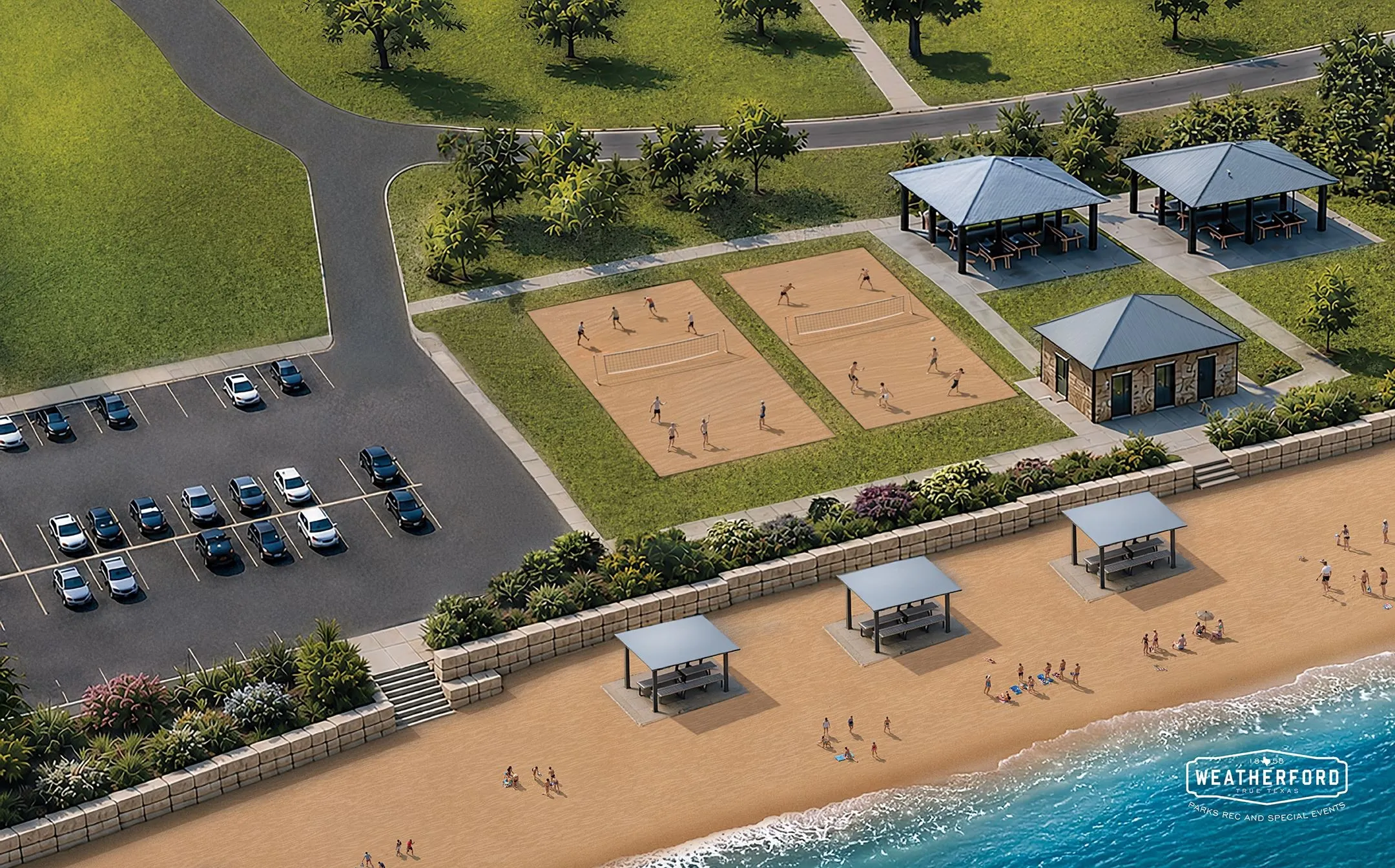 Future beach and construction area view, beach volleyball courts, and nearby covered picnic pavilions