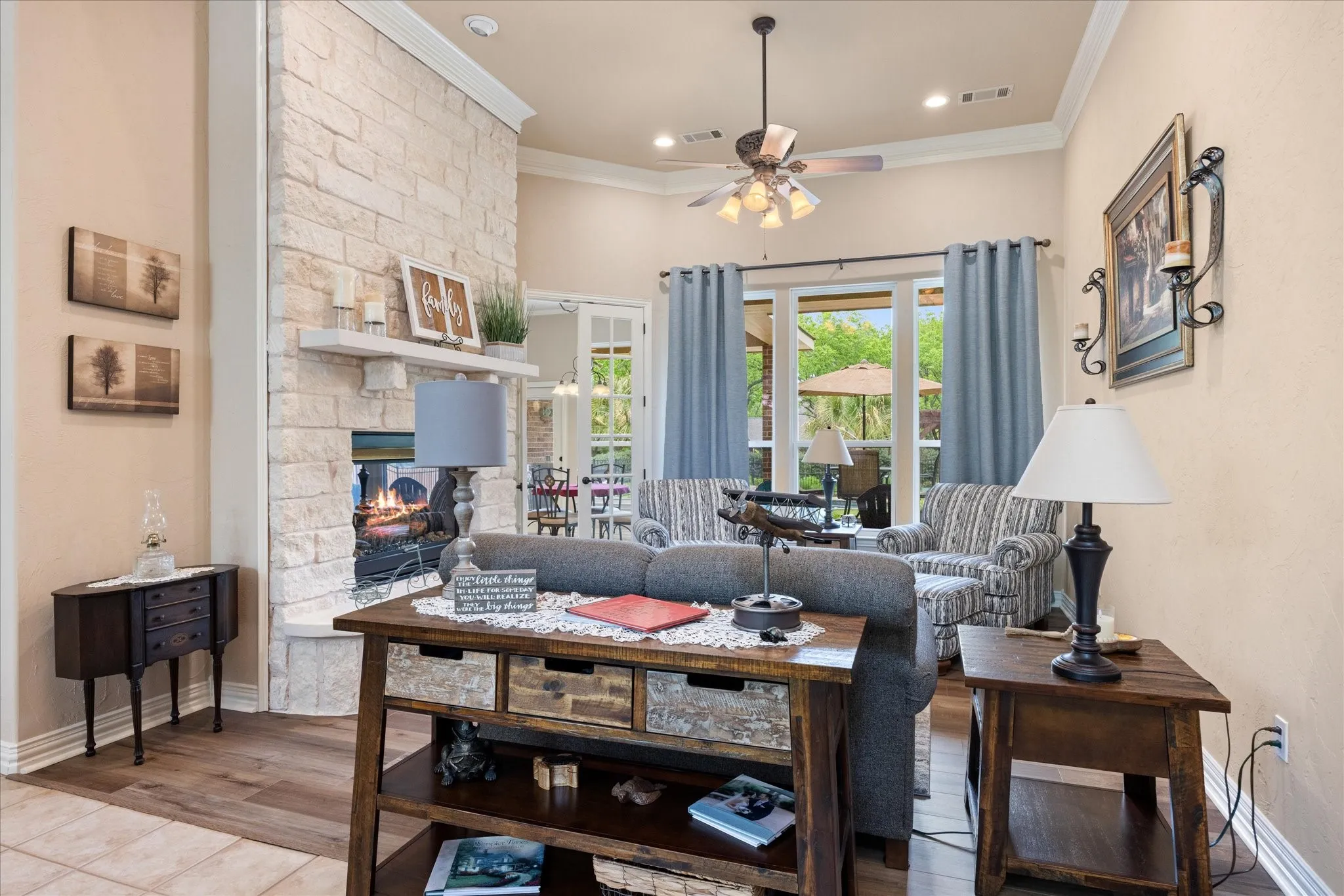 Walk in the front door to this relaxing living room with gas log fireplace.