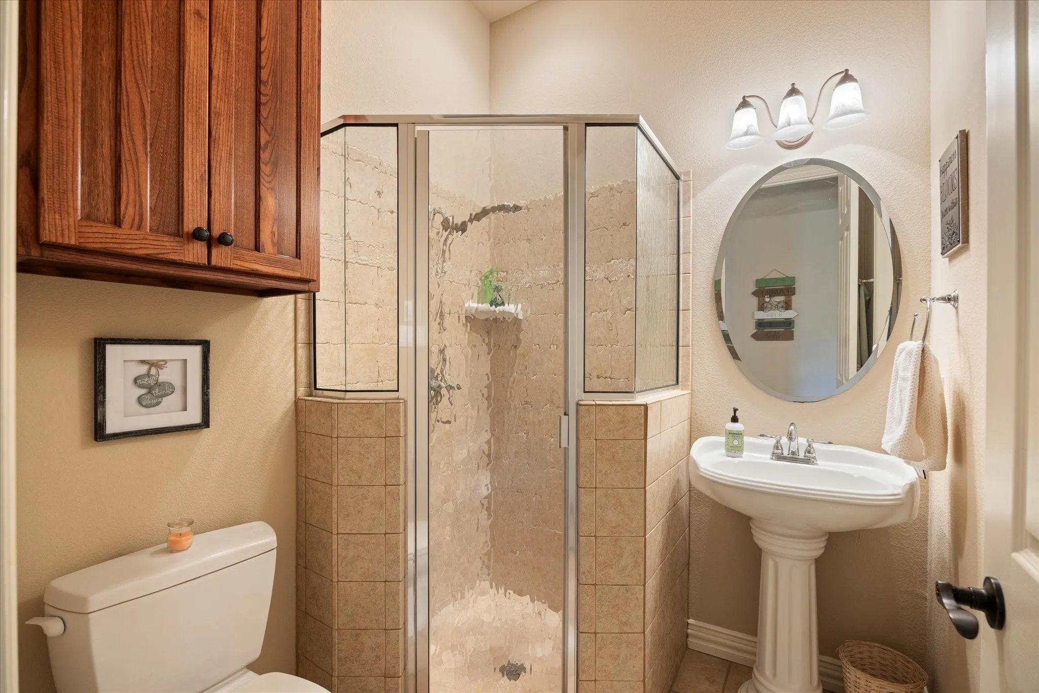Guest bathroom downstairs is a full bath.