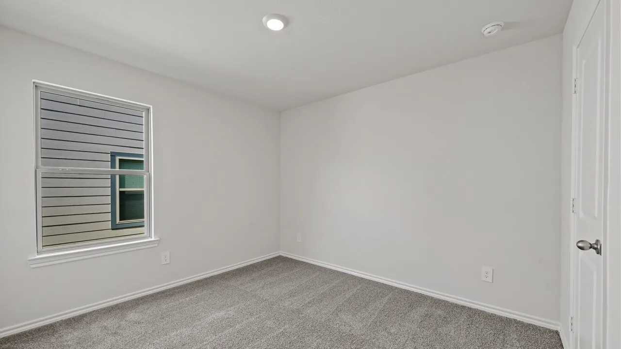 Neutral wall paint with coordinating trim, carpeted flooring, and a single window
