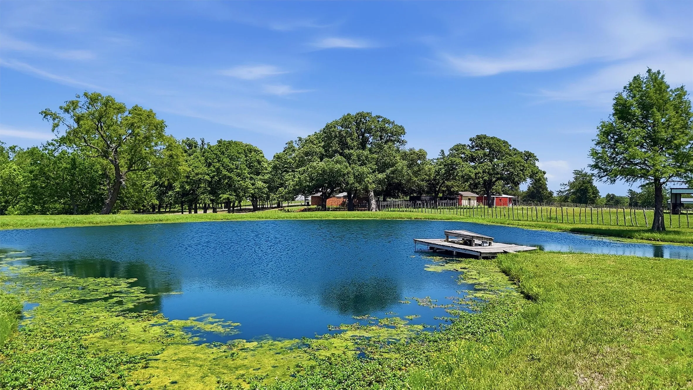 Pond with fishing dock in pasture in front of Arena Barn-Breeding Lab off Anderson Rd