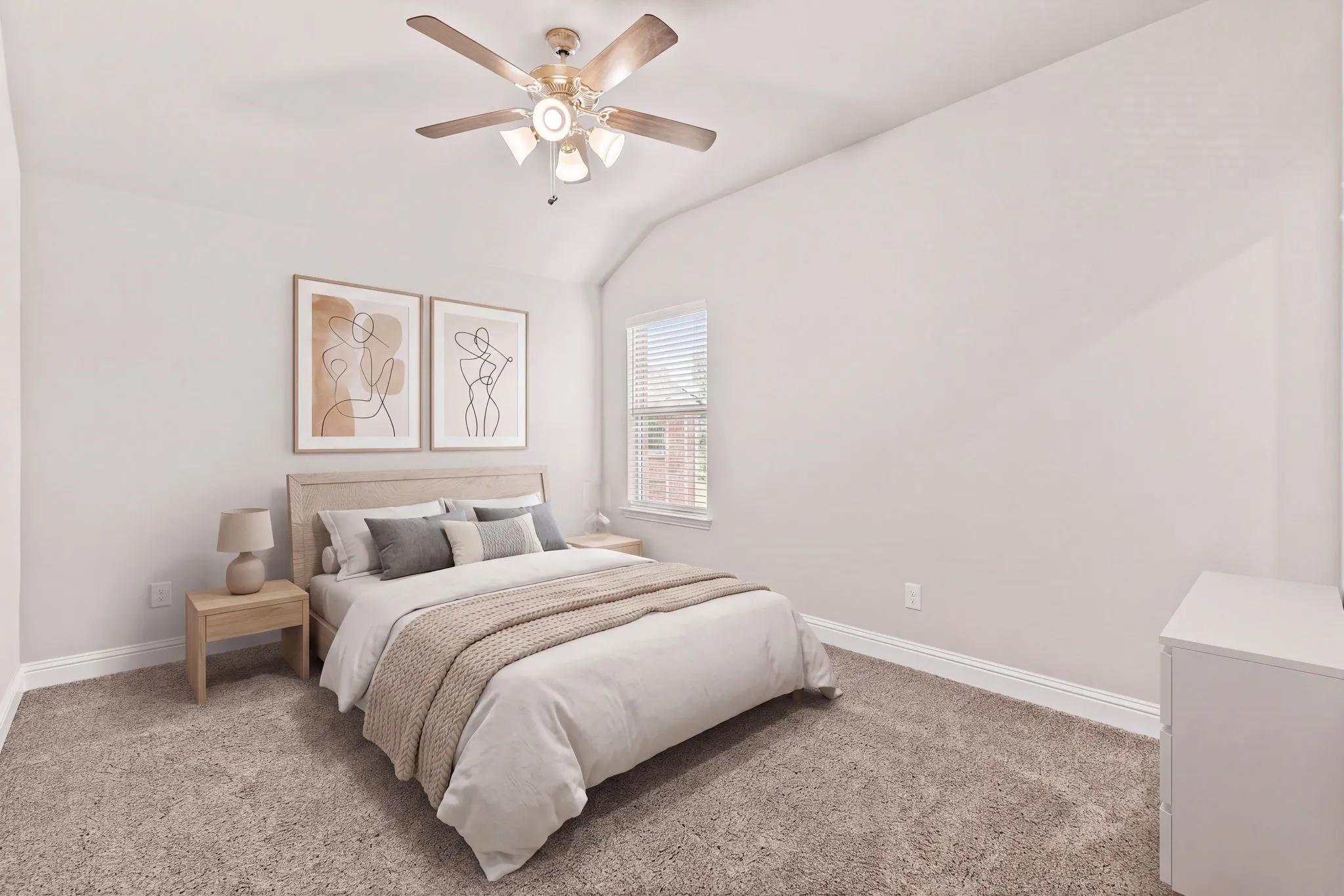 Second Bedroom features a vaulted ceiling with a ceiling fan, a window with blinds, and carpeting