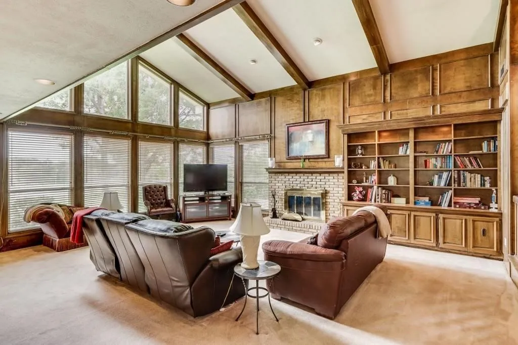 Vaulted ceiling with exposed wood beams