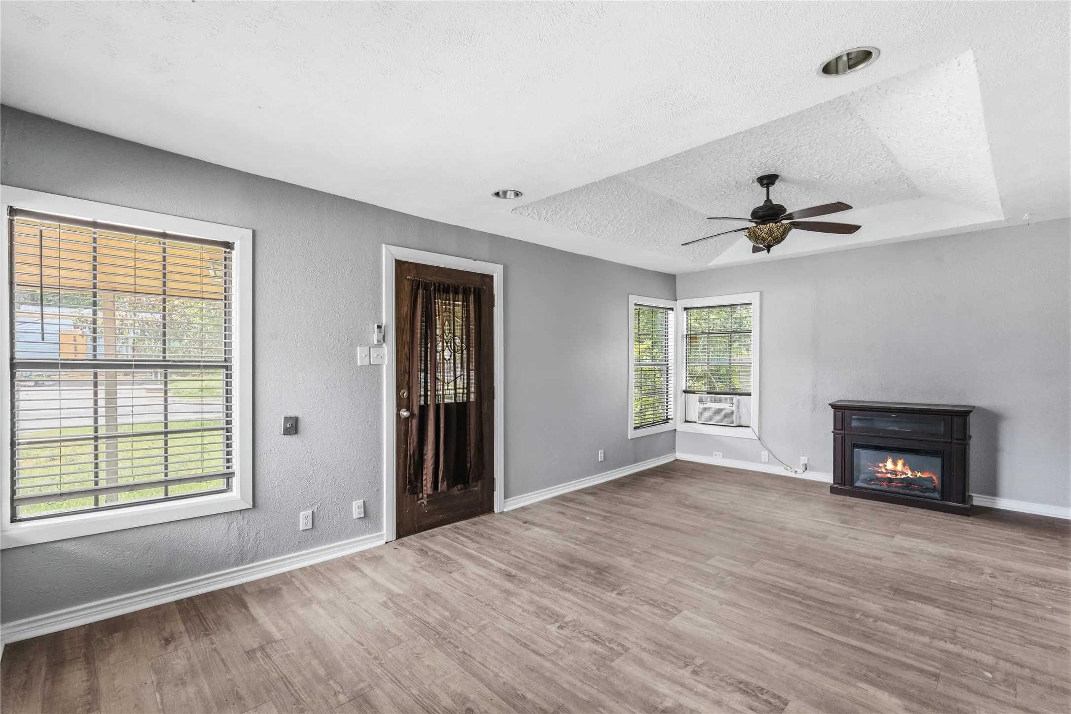 Living area featuring wood-finish flooring, light gray wall paint, and a decorative electric fireplace