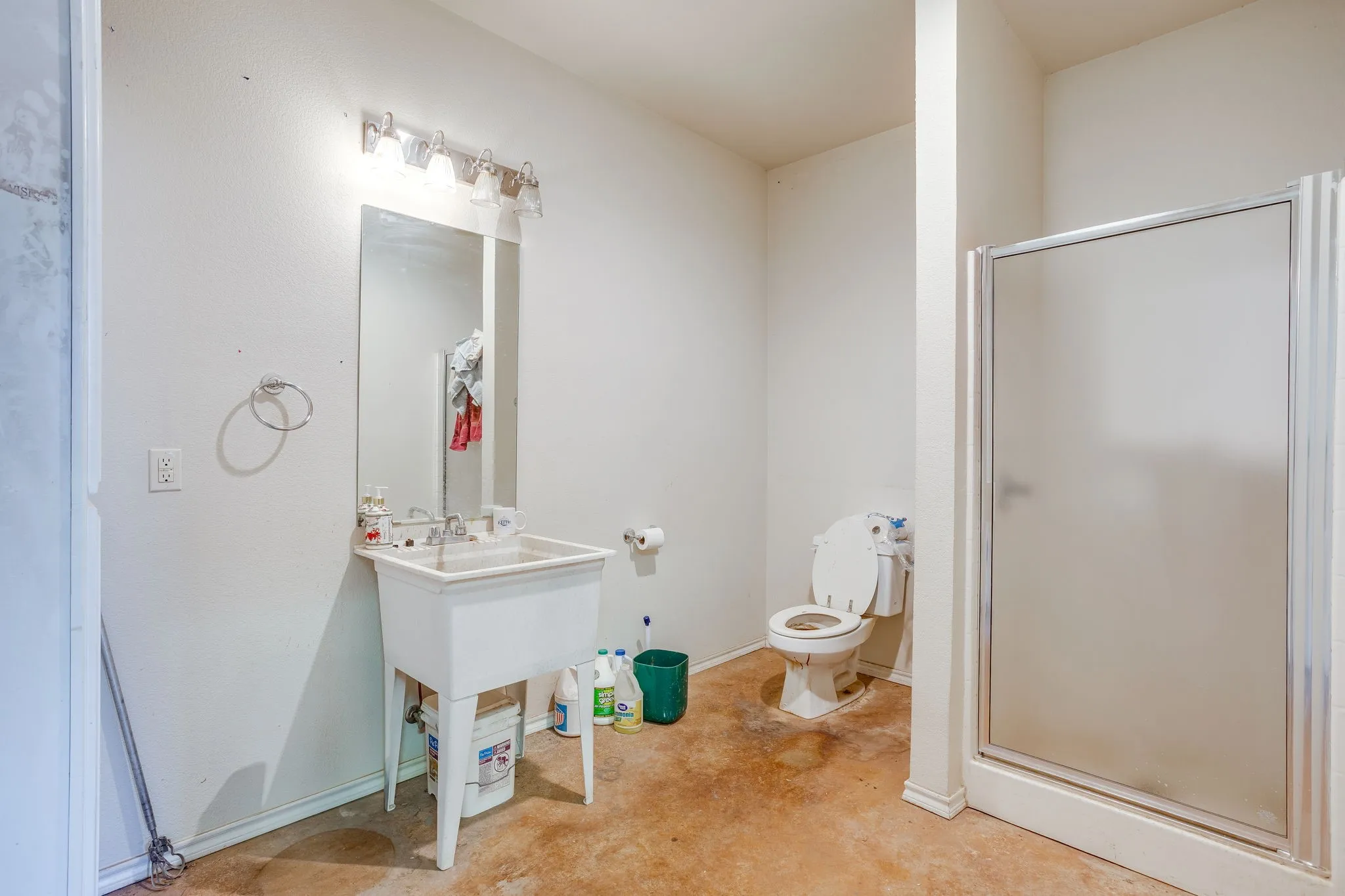 Full bathroom featuring a utility sink, mirror, and shower enclosure in the workshop