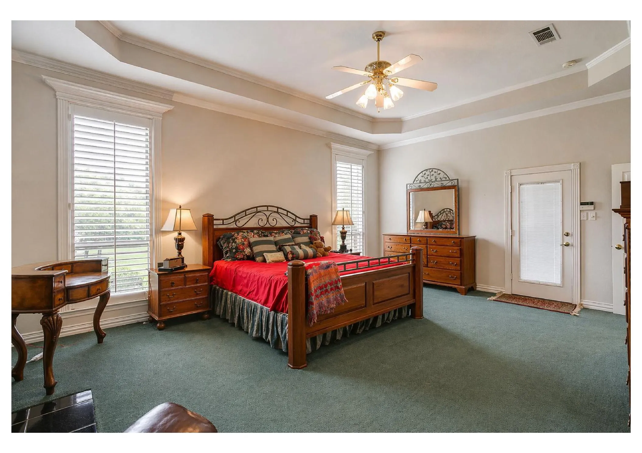 Plantation shutters and crown molding.
