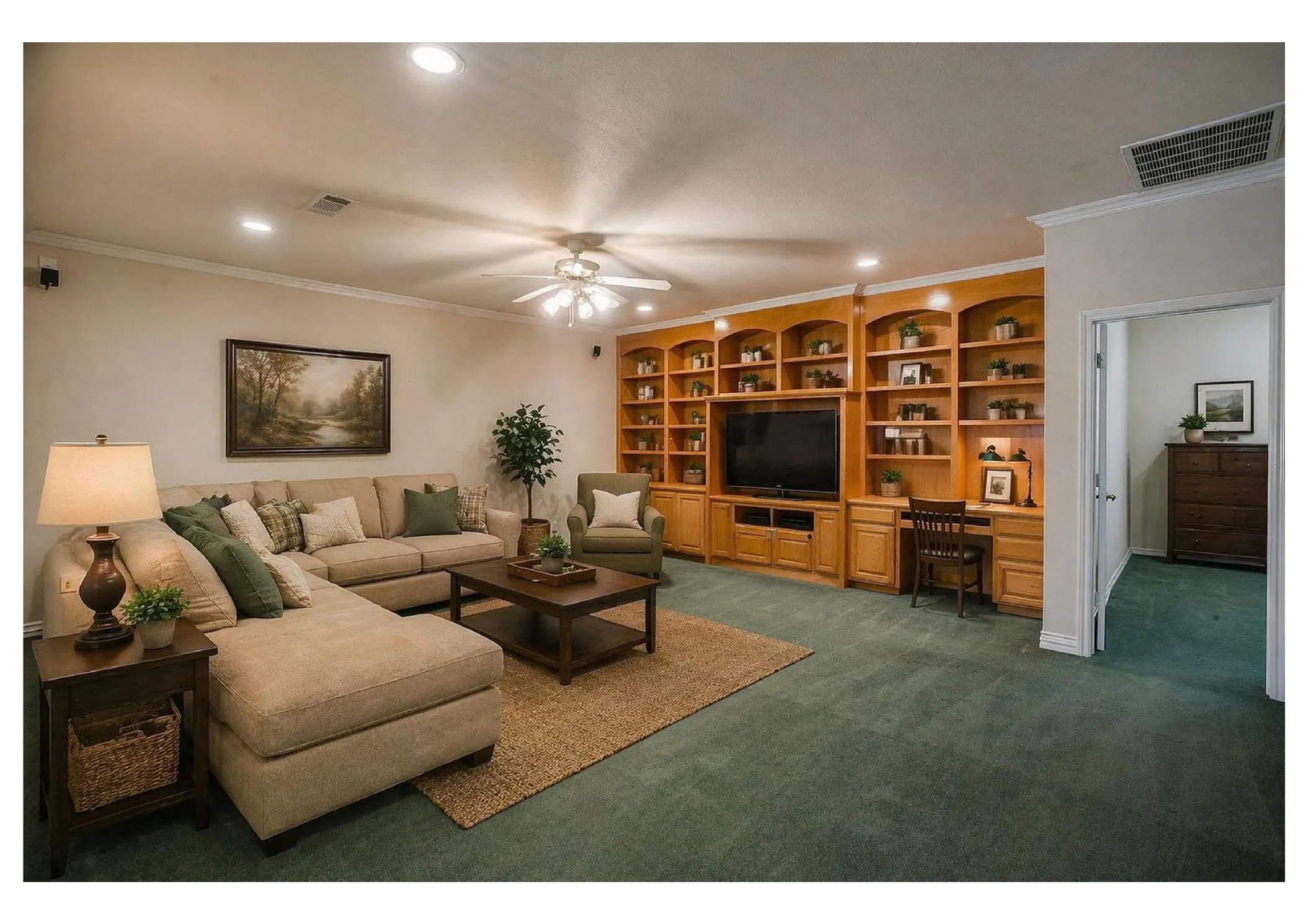 Living Room or game room with built-ins. Photo edited with AI.