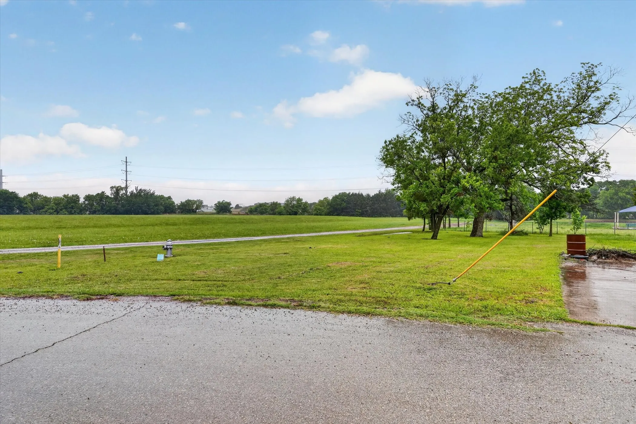Expansive green space featuring mature trees and a paved drive