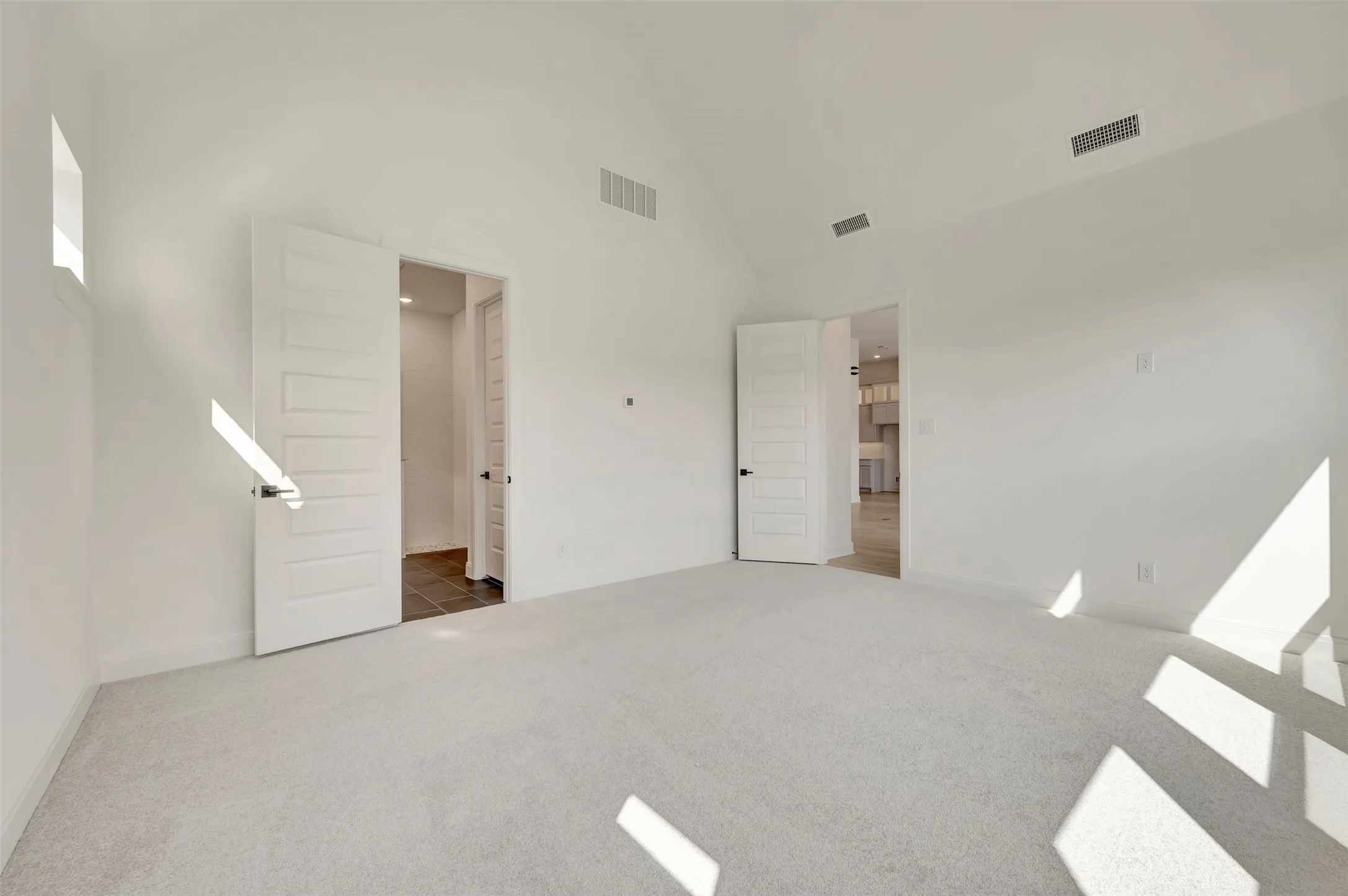 Spacious room featuring vaulted ceilings, light gray carpet flooring, and two paneled doors with black hardware