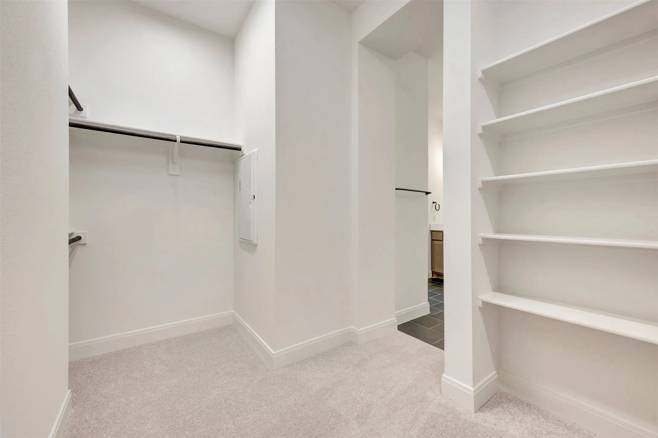 Walk-in closet featuring light-toned carpeting, white baseboards, a black hanging rod, and built-in shelving