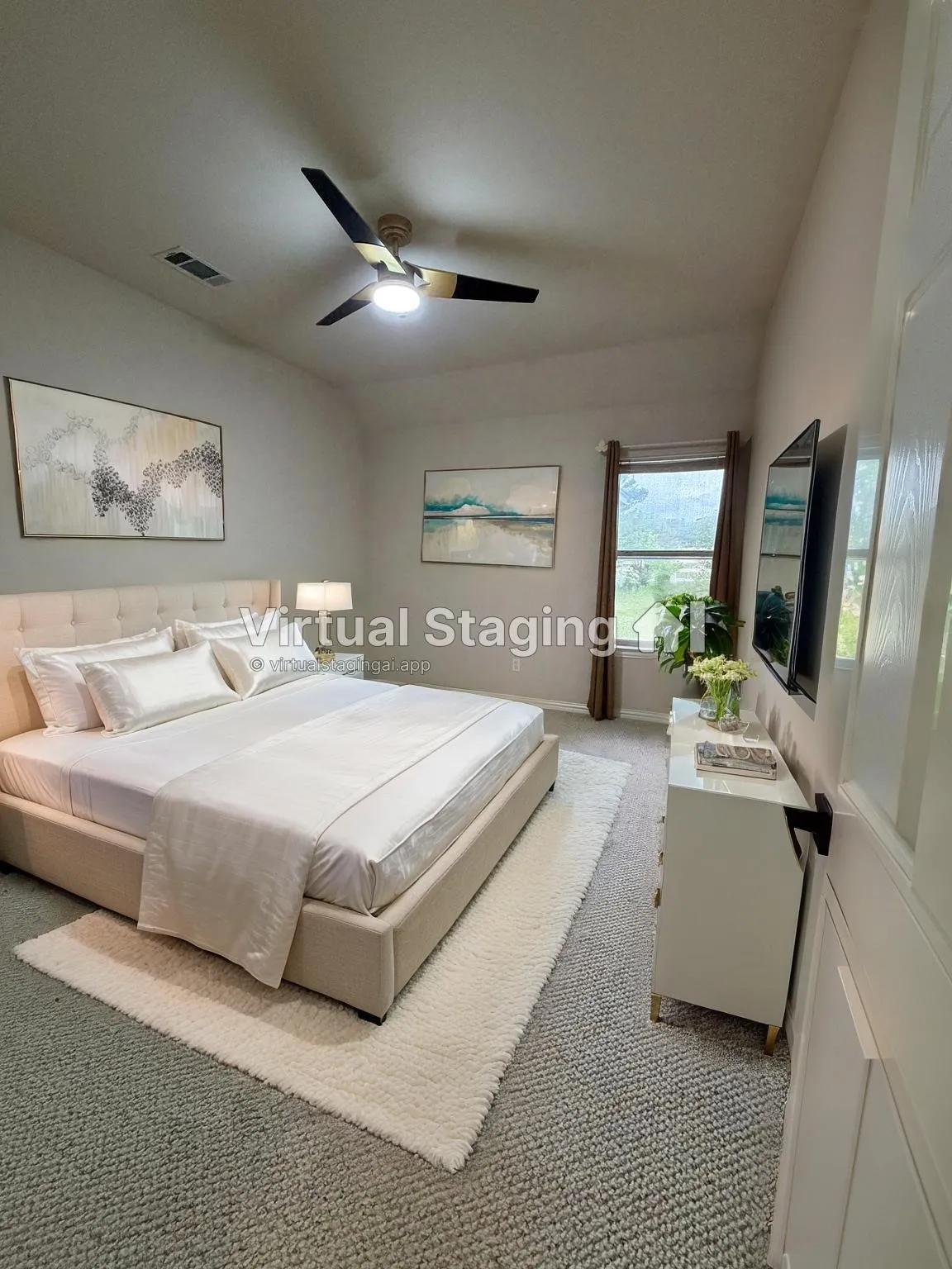 Vaulted ceilings featuring a contemporary ceiling fan with integrated lighting