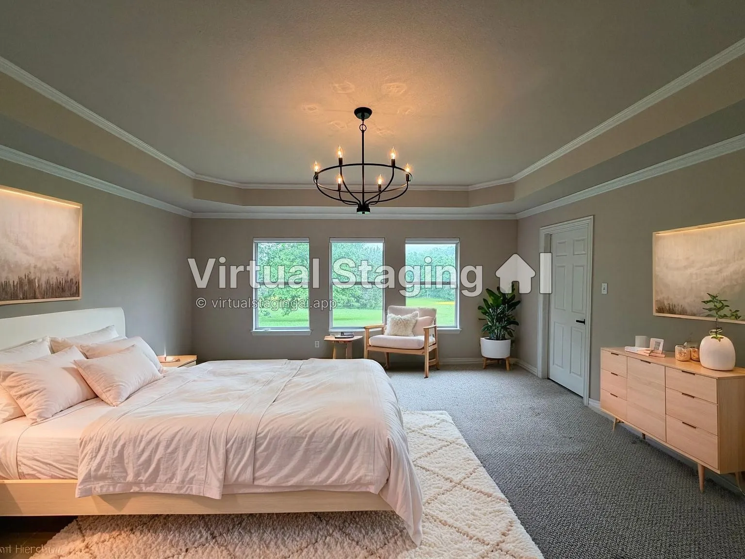 Recessed tray ceiling with crown molding, three large windows with remote controlled blinds, a ceiling-mounted chandelier, carpet flooring, and a paneled interior door leading to your master bathroom equipt with a jetted tub and separate walk in shower with separate toilet room and 3 tiered walk in closet