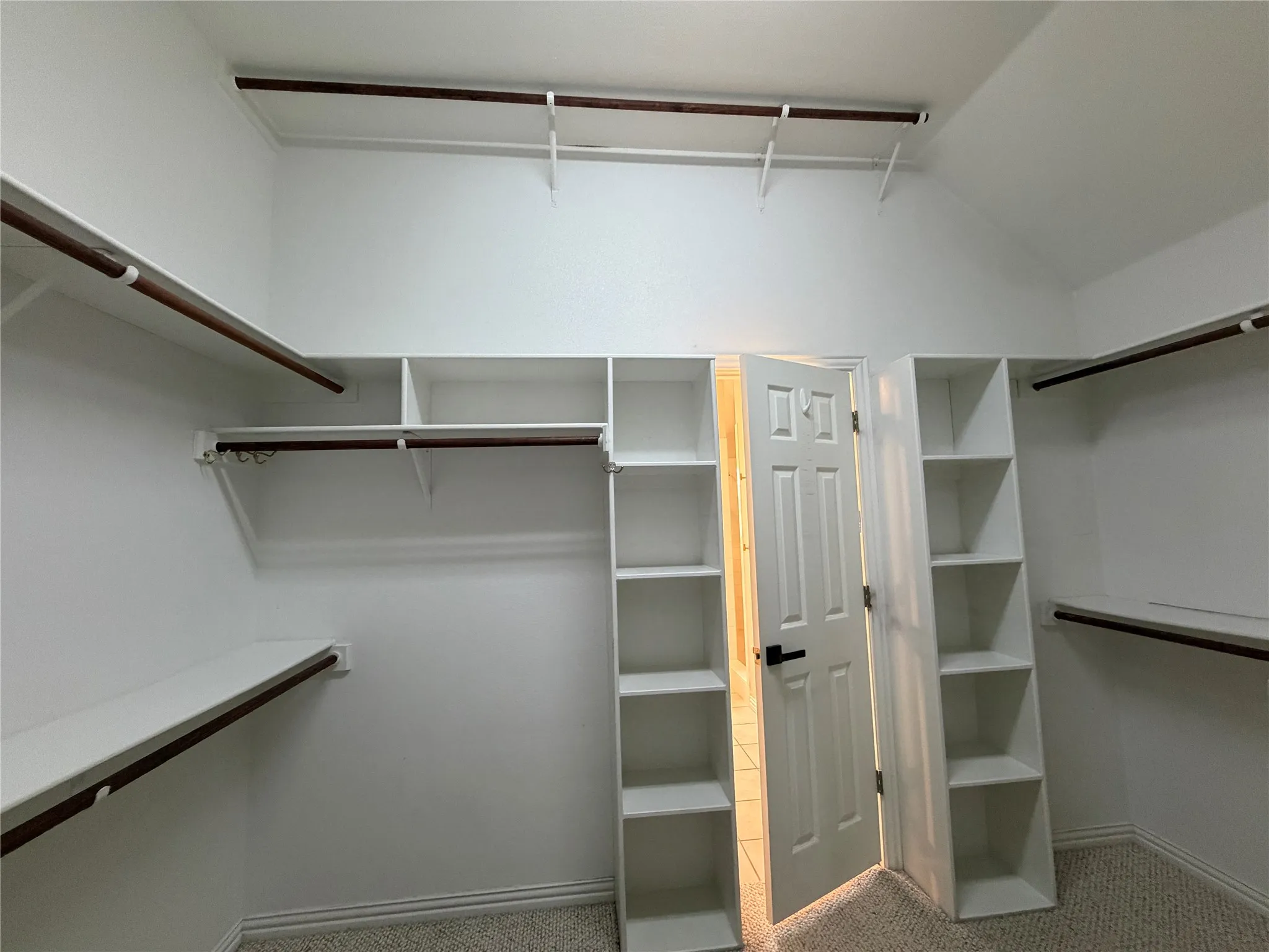 Spacious master walk-in closet featuring built-in shelving, multiple hanging rods, and light-toned carpeting