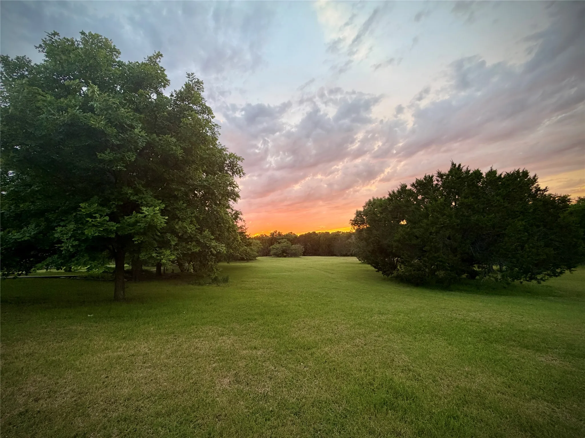 THESE ARE REAL SUNSETS!! Expansive green lawn with mature trees and vibrant sky