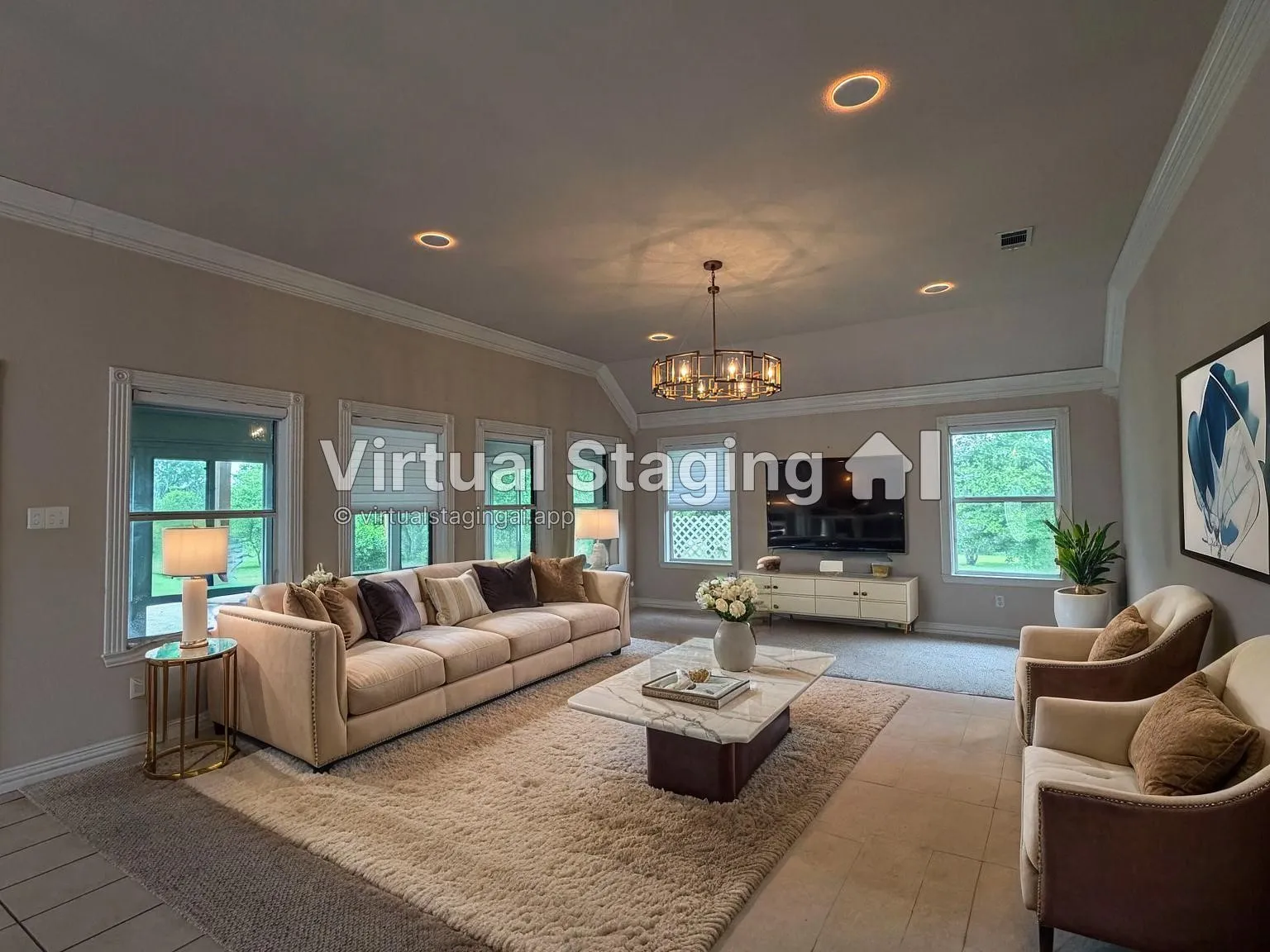 Spacious living area featuring a vaulted ceiling with recessed lighting and a central chandelier