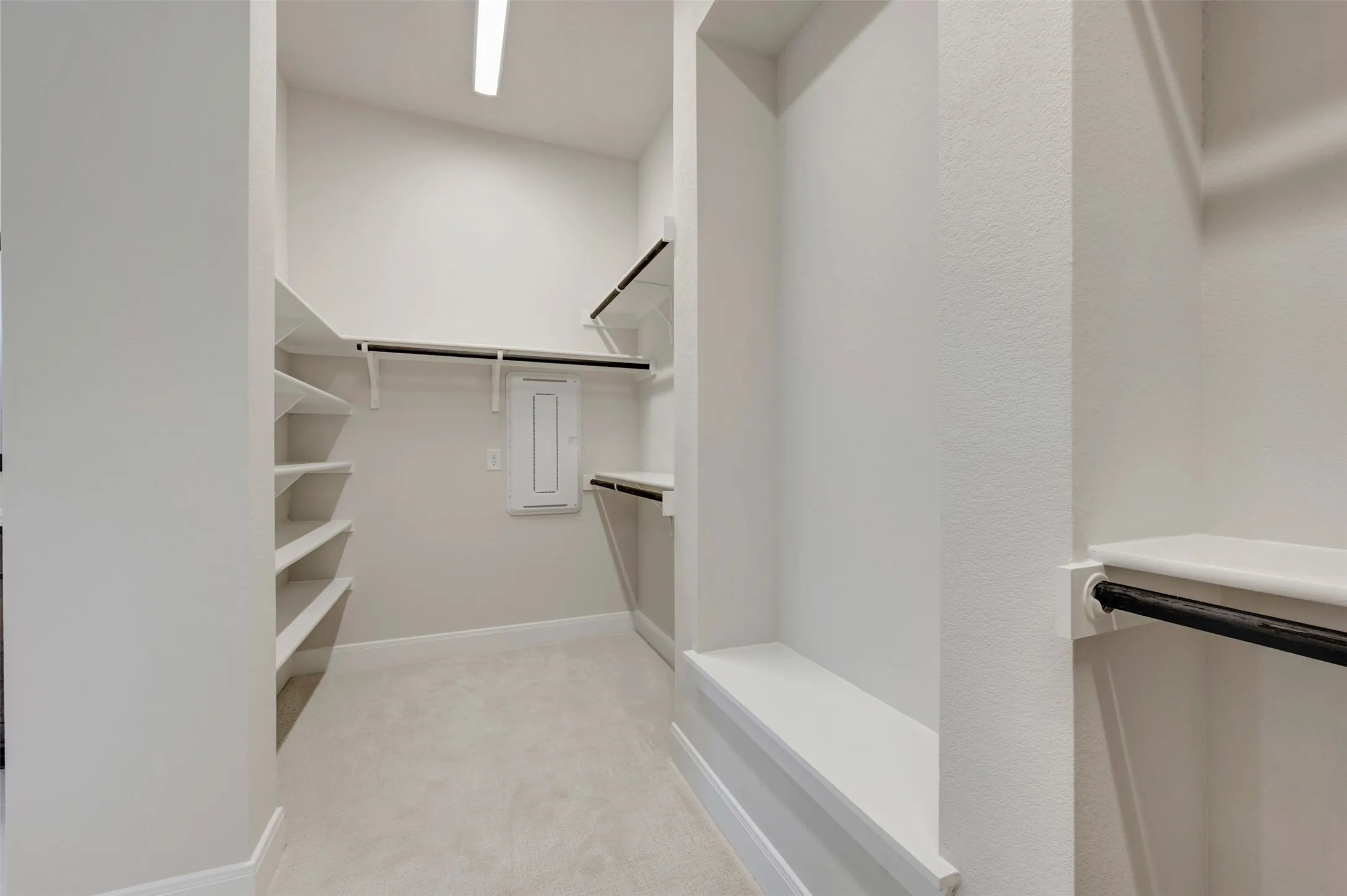 Built-in shelving, hanging rods, recessed lighting, and carpet flooring