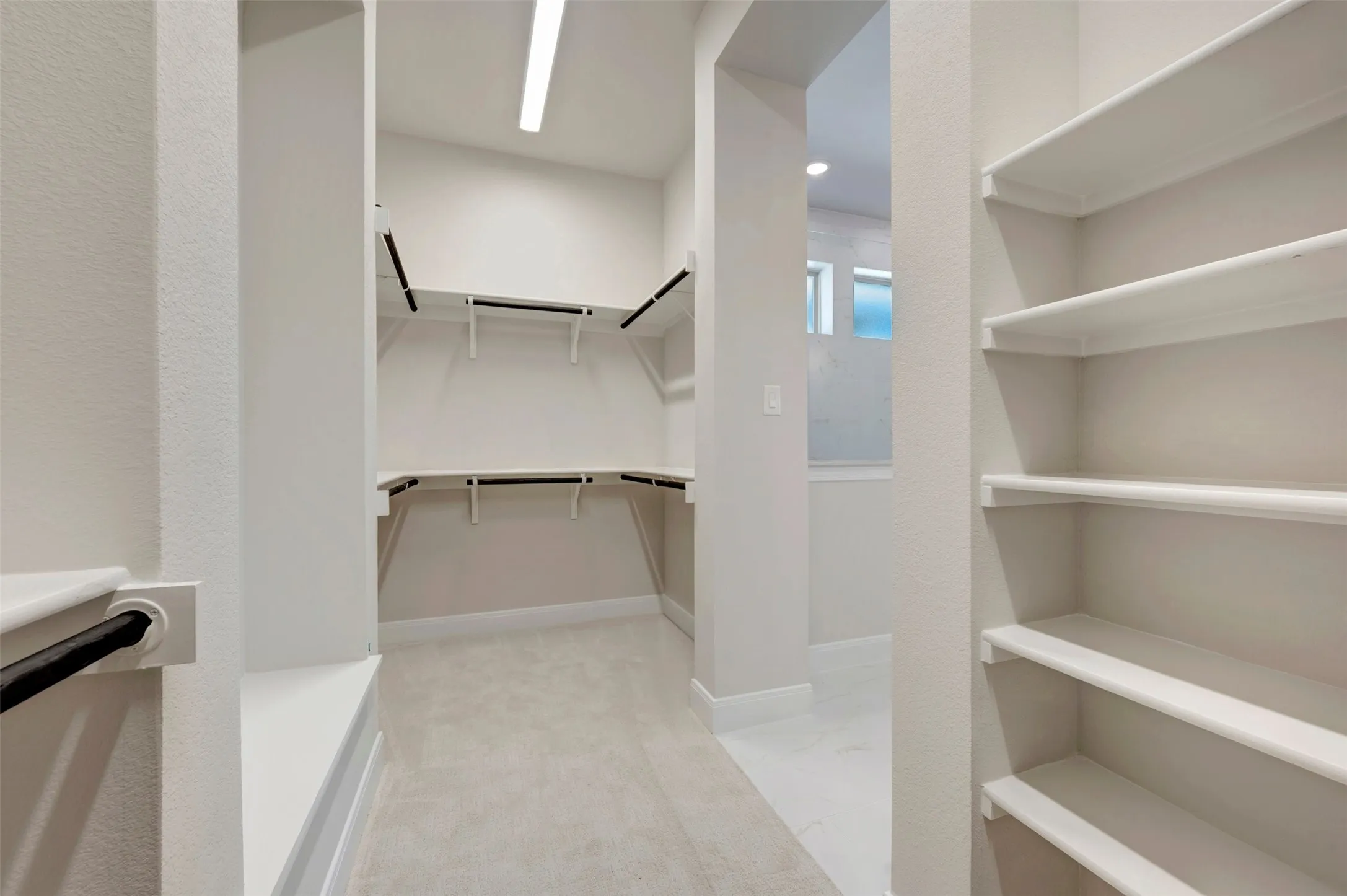 Walk-in closet with carpet flooring, built-in shelving, and hanging rods