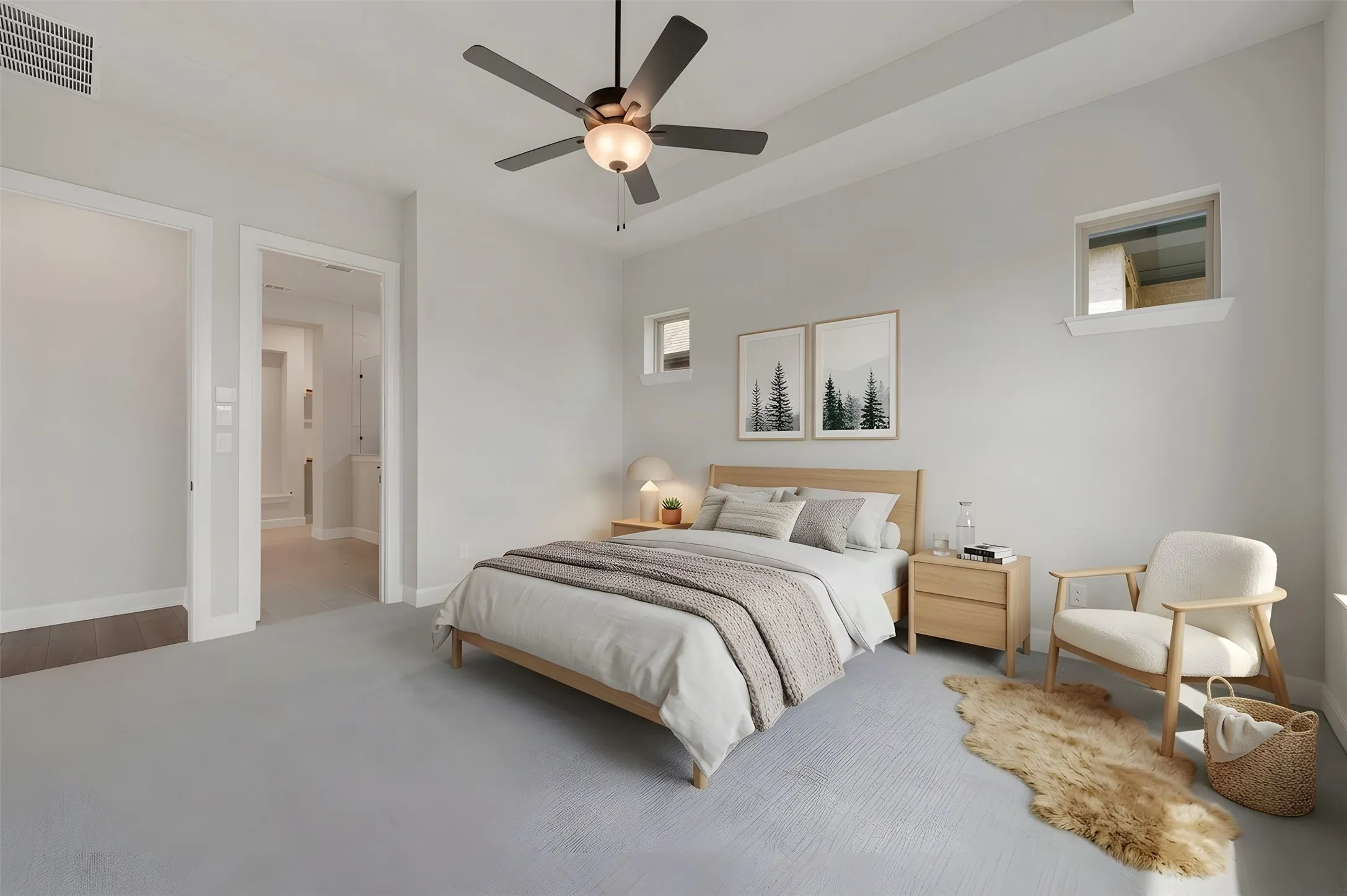 Recessed ceiling with an attached ceiling fan, two high-set windows, and light-toned wall-to-wall carpeting