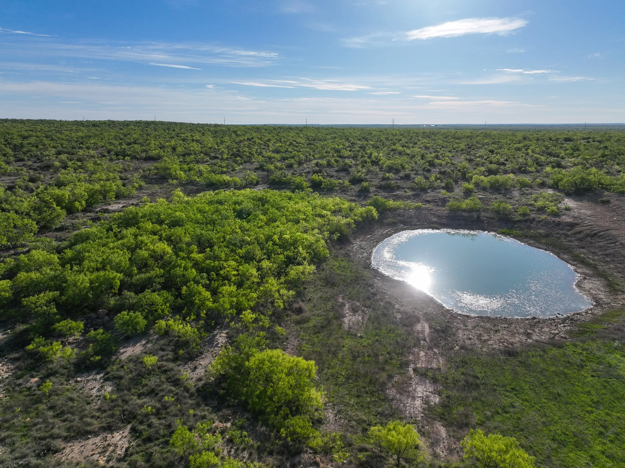 Natural water feature surrounded by green foliage, expansive land with varied terrain, and clear skies