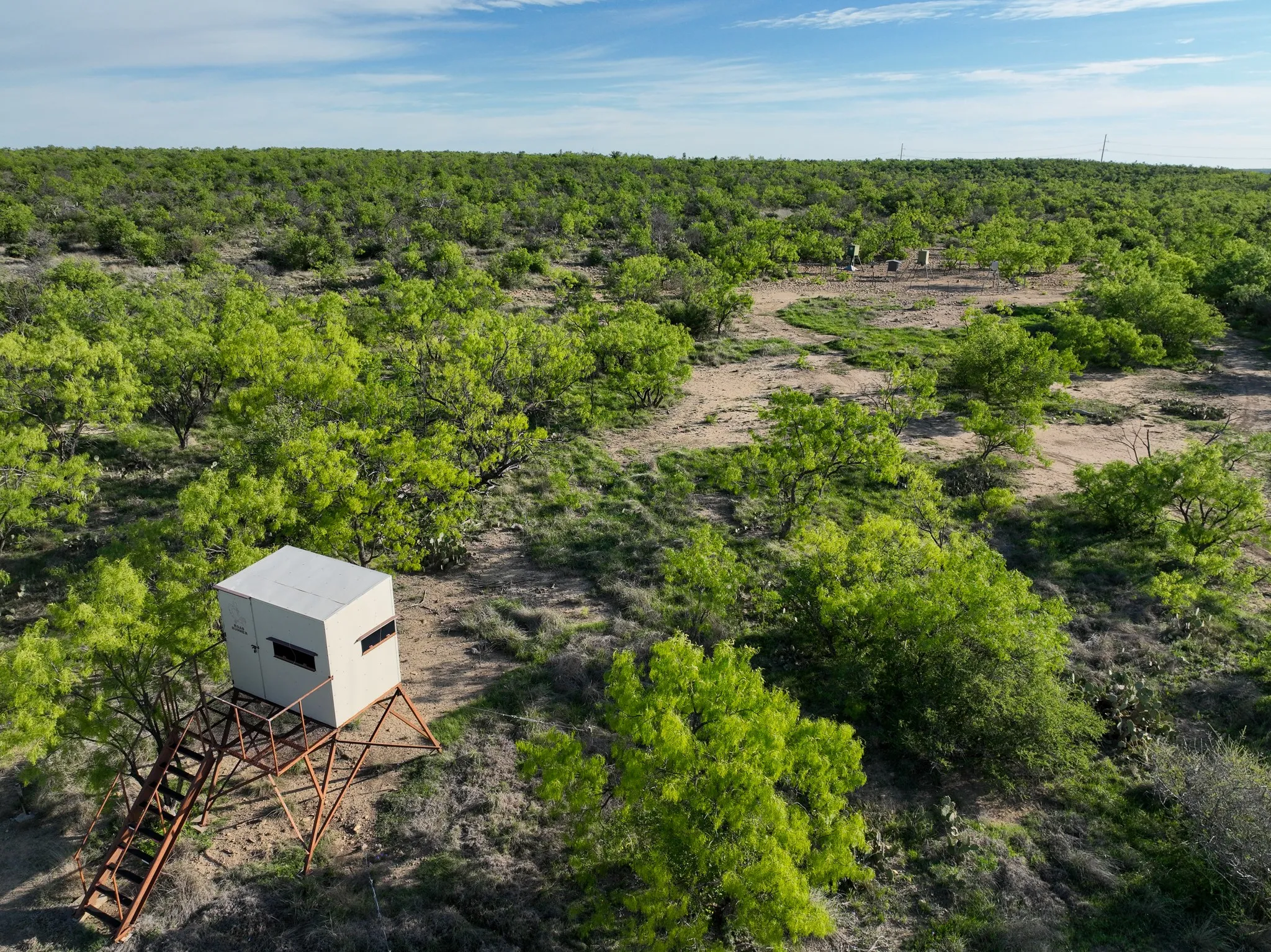 Elevated blind structure with a metal frame and enclosed cabin