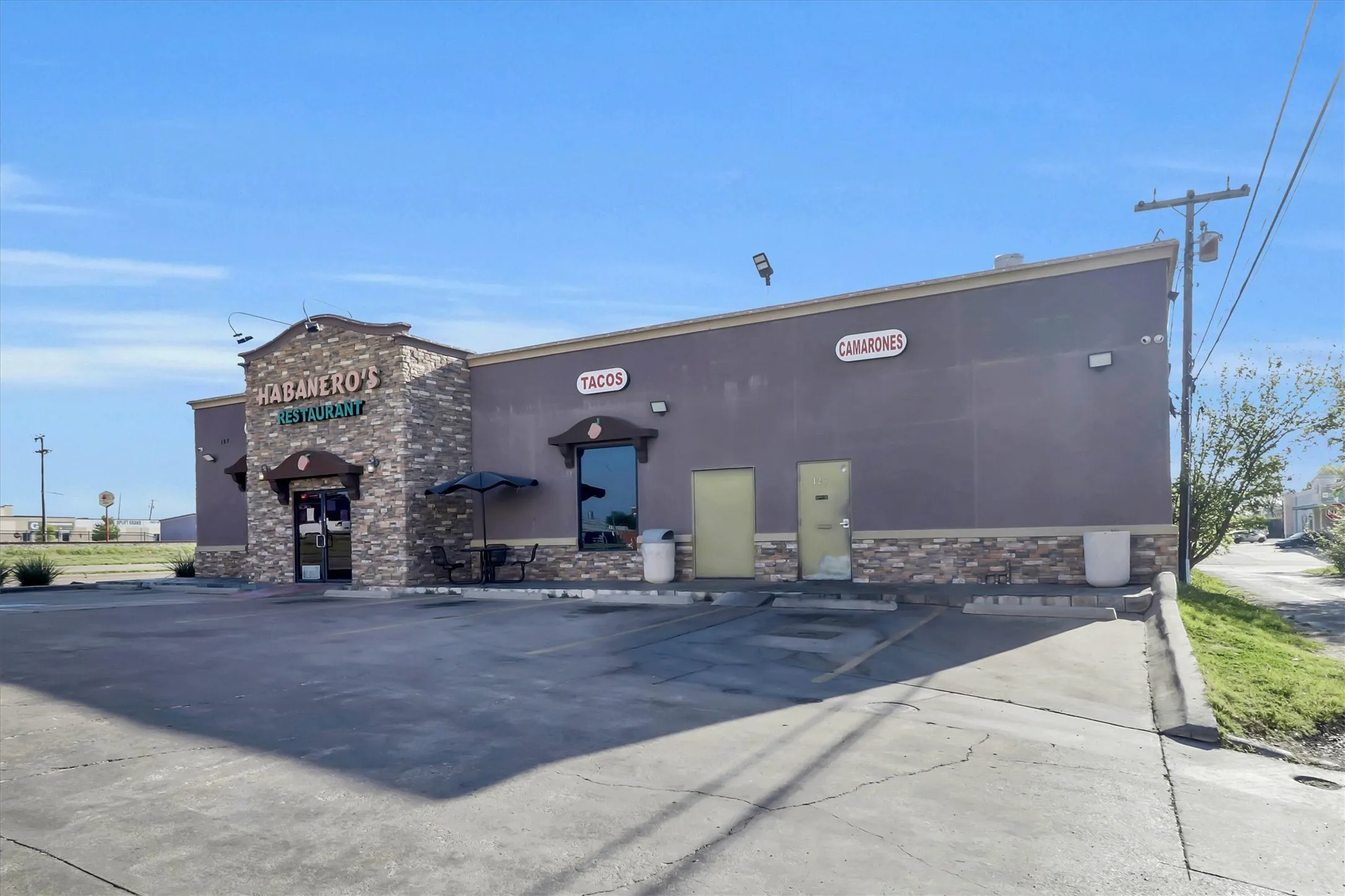 Commercial building with stone facade accents and a stucco exterior
