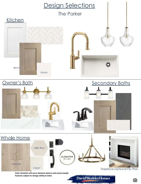 Design Selections, The Parker model. Presenting material and fixture options for various areas of the property