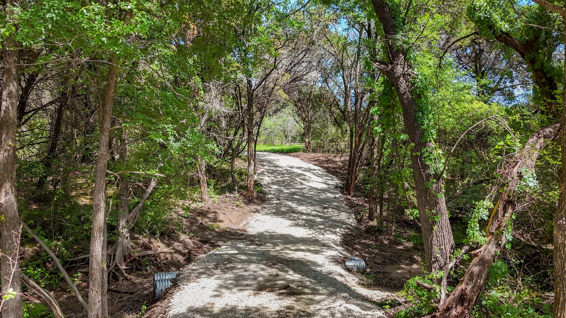 Wooded natural setting featuring a gravel pathway, mature trees, and natural foliage