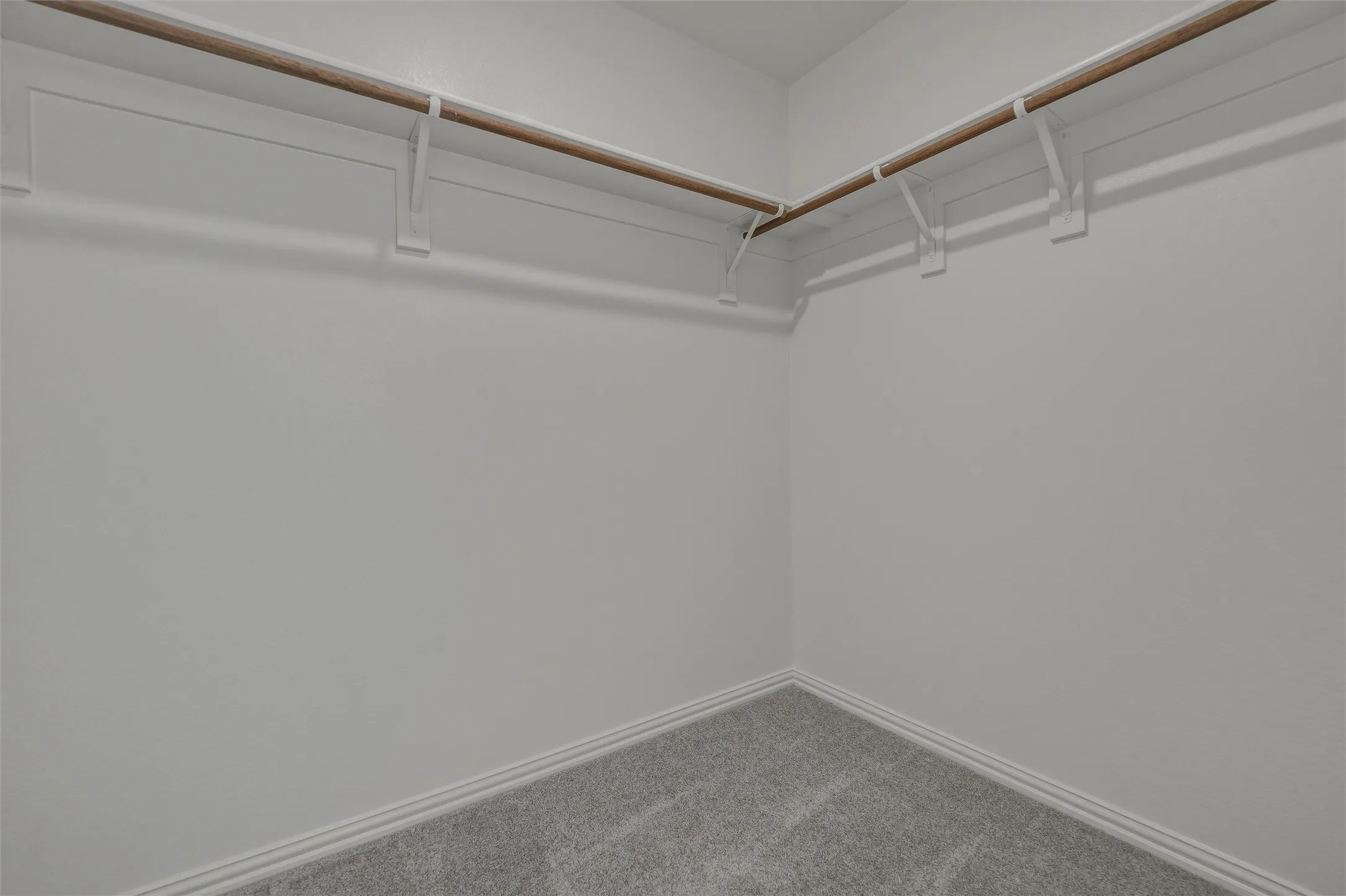 Corner closet featuring light gray carpeting and white walls